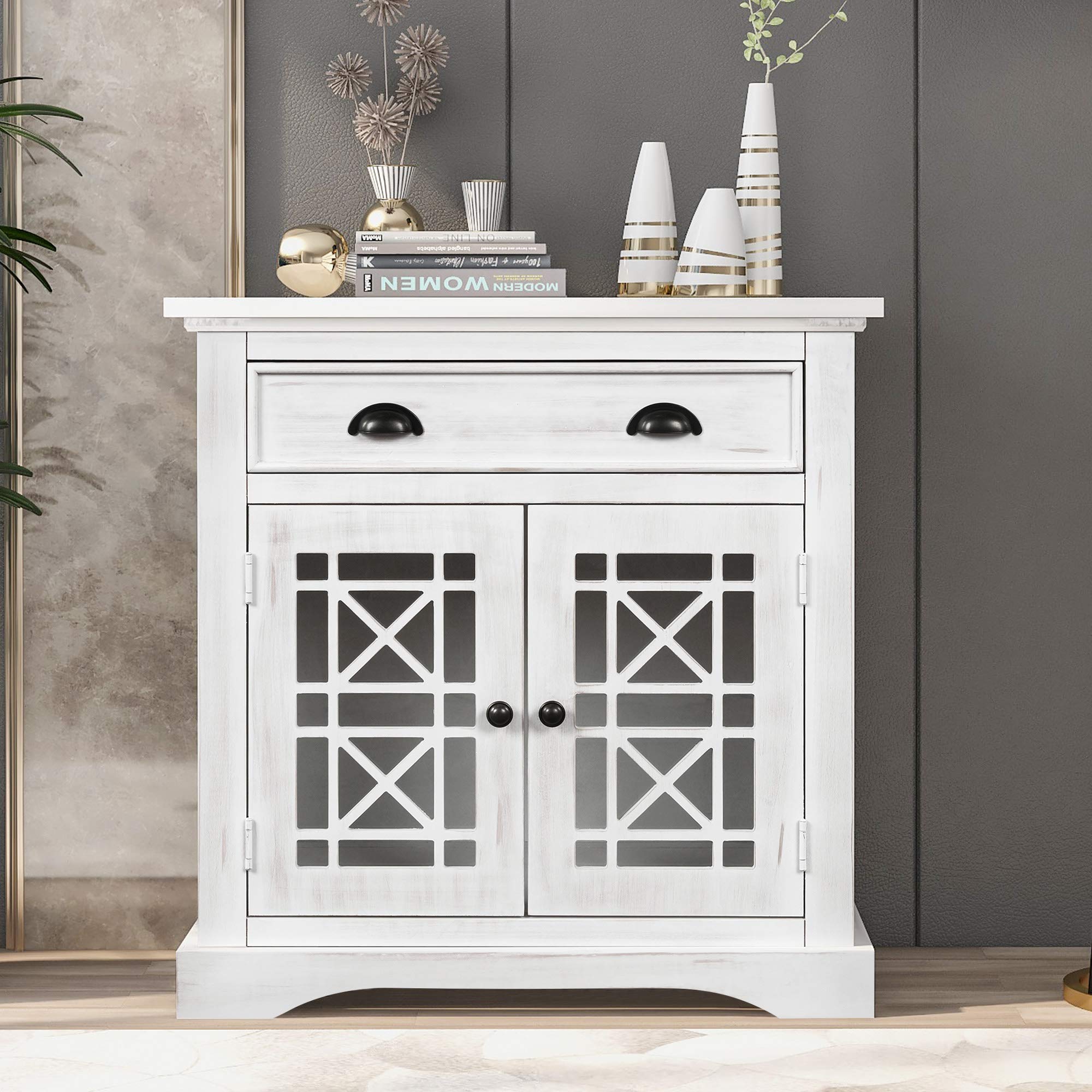 Vintage White Retro Storage Cabinet with Doors & Large Wood Drawer - Home Office Furniture, Bedroom Closet Organizer, Living Room Decor Storage Chest
