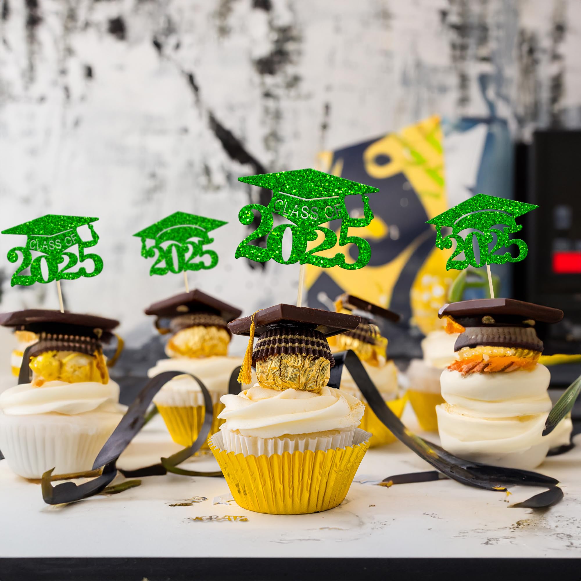 24Pcs Class of 2025 Graduation Cupcake Toppers - Green Glitter Diploma Decorations for Graduation Party, Mini Cake & Dessert Decor - Perfect for 2025 Grad Celebrations, School Events & Commencement Treats