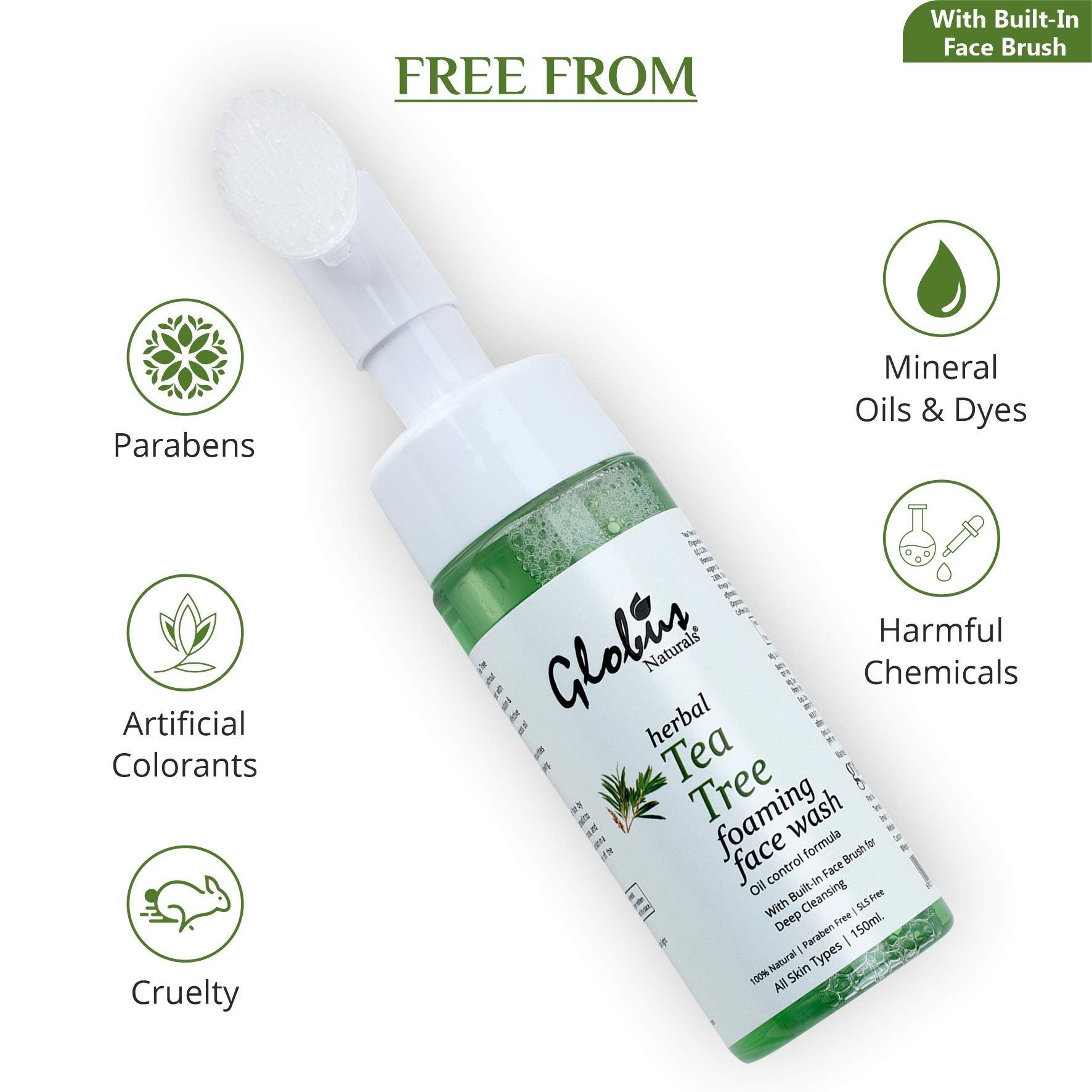 Globus Naturals Tea Tree Acne Control Foaming Face Wash with Silicone Face Massage Brush 150ml - Deep Cleansing for Oily & Acne-Prone Skin | Perfect for Daily Skincare Routine
