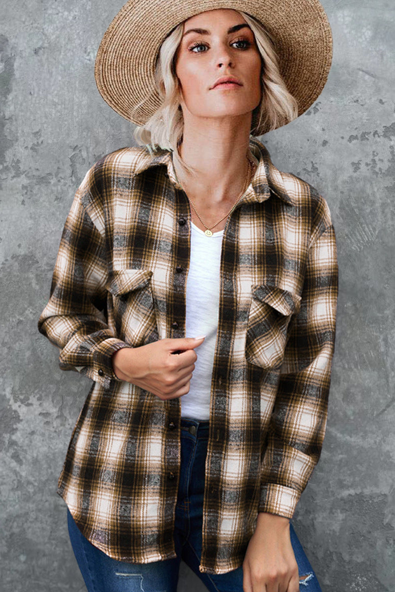 Women's Plaid Shirt Spring Loose Fit Mid-Length Blouse with Turndown Collar - Casual Outfit for Work, Dating & Everyday Wear