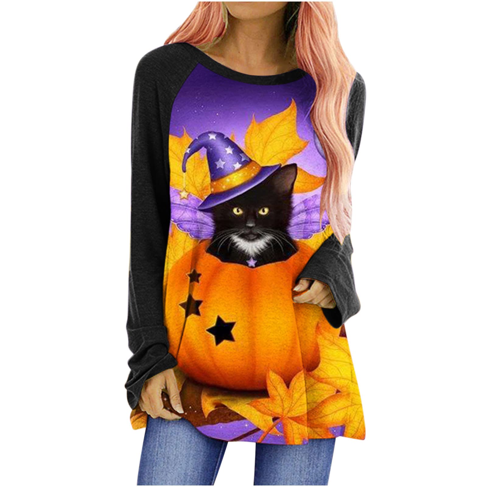 Women's Halloween Shirts - Cute Gnome & Pumpkin Print Long Sleeve Tunic Tops for Fall | Casual Crewneck Tees Perfect with Leggings | Great for Halloween Parties, Autumn Outings & Cozy Seasonal Wear
