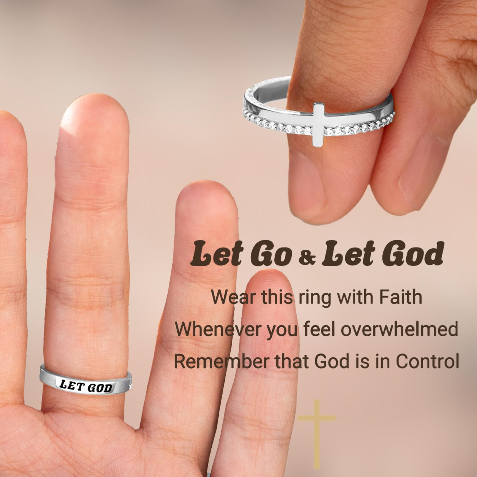 Elegant Cross Ring for Women - Cubic Zirconia Purity Ring, Christian Faith Jewelry with 'Let Go & Let God' Engraving, Dainty Religious Prayer Ring - Perfect for Church, Bible Study & Daily Inspiration
