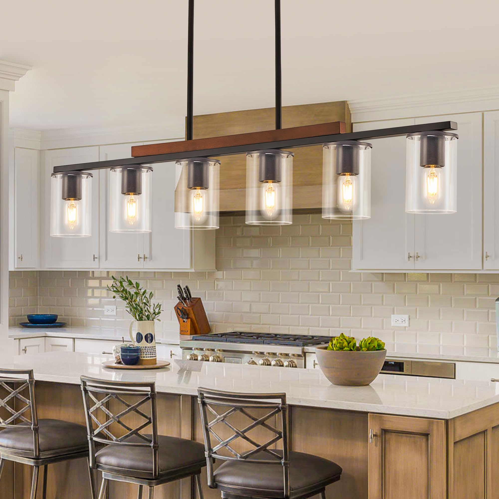 Farmhouse Style Black 6-Light Linear Chandelier - Wood Accent Pendant Lighting for Dining Room & Kitchen Island | Perfect for Rustic, Modern, and Industrial Home Decor