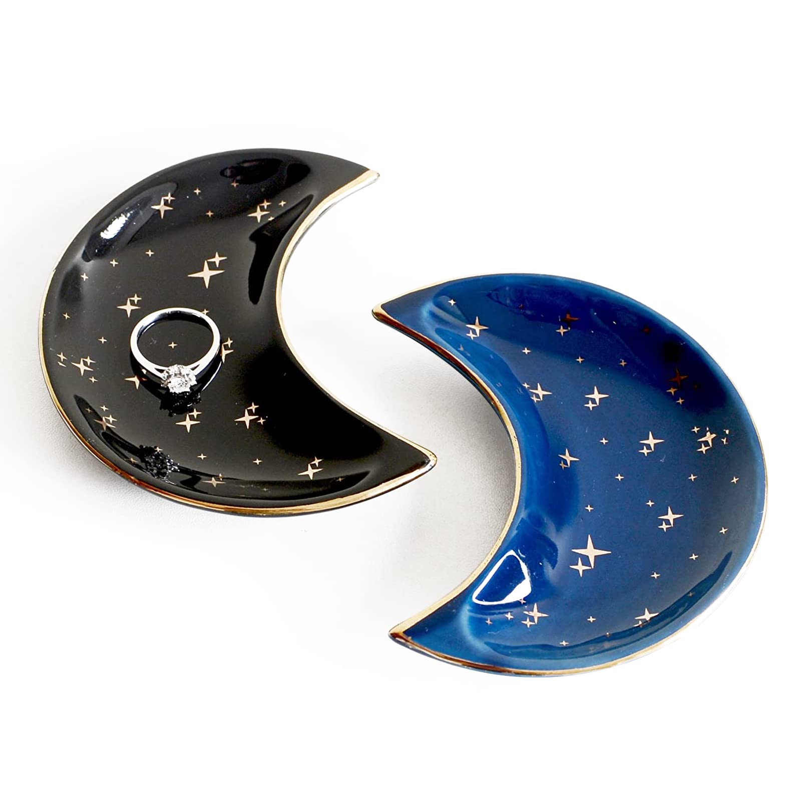 Hairao 2-Piece Small Moon Jewelry Dish Set - Decorative Ceramic Trinket Tray for Vanity, Rings & Watches | Perfect Gift for Women, Friends, Sister, BFF | Birthday, Christmas, Thanksgiving Present | Elegant Home Decor & Jewelry Organizer