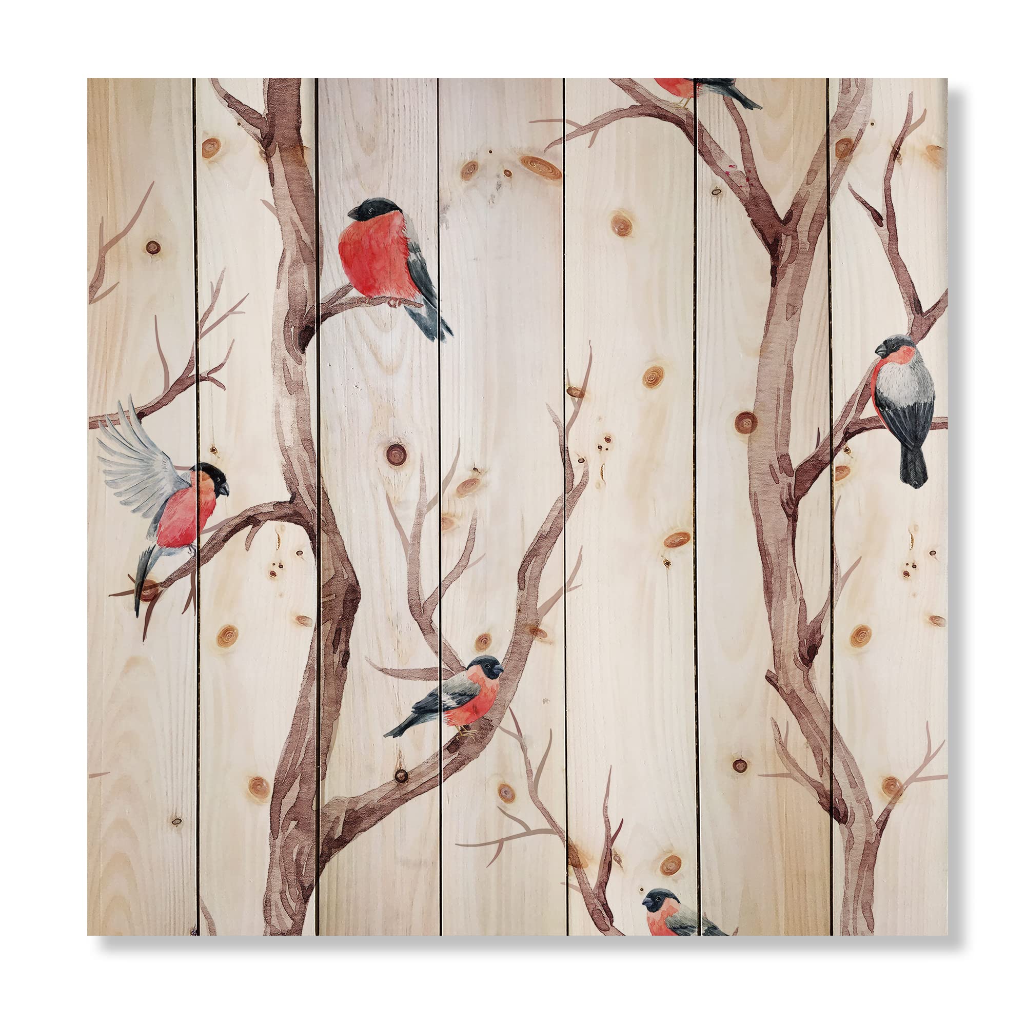 DesignQ Little Birds on Tree Branches III - Traditional White Wood Wall Art Decor, Large Animal Wood Panels Printed on Natural Pine - Perfect for Living Room, Bedroom & Nursery Decor