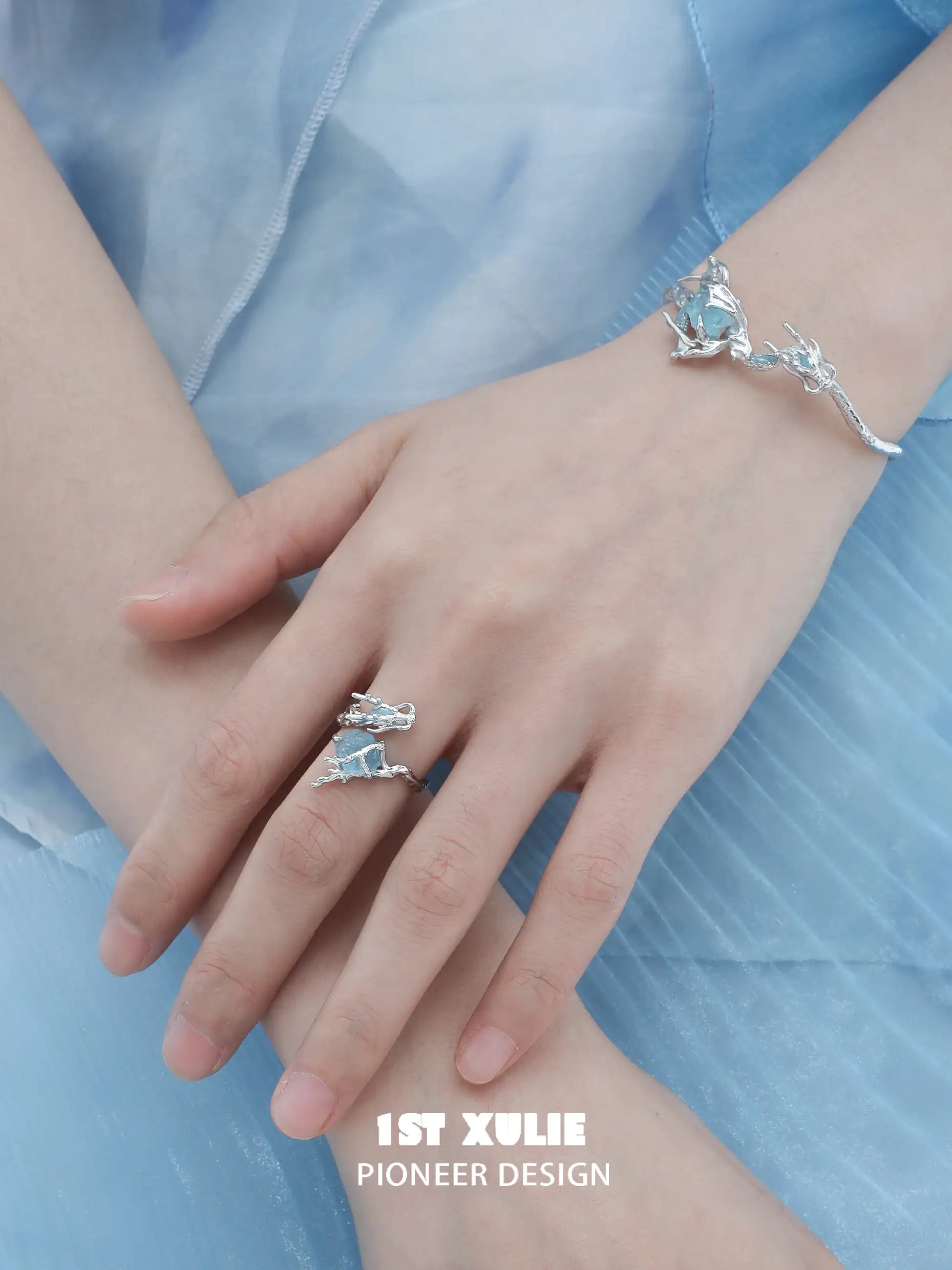 Loong Ling Loong Aquamarine S925 Sterling Silver Adjustable Open Ring for Women - Elegant Stackable Boho Jewelry Gift for Birthday, Anniversary & Everyday Wear