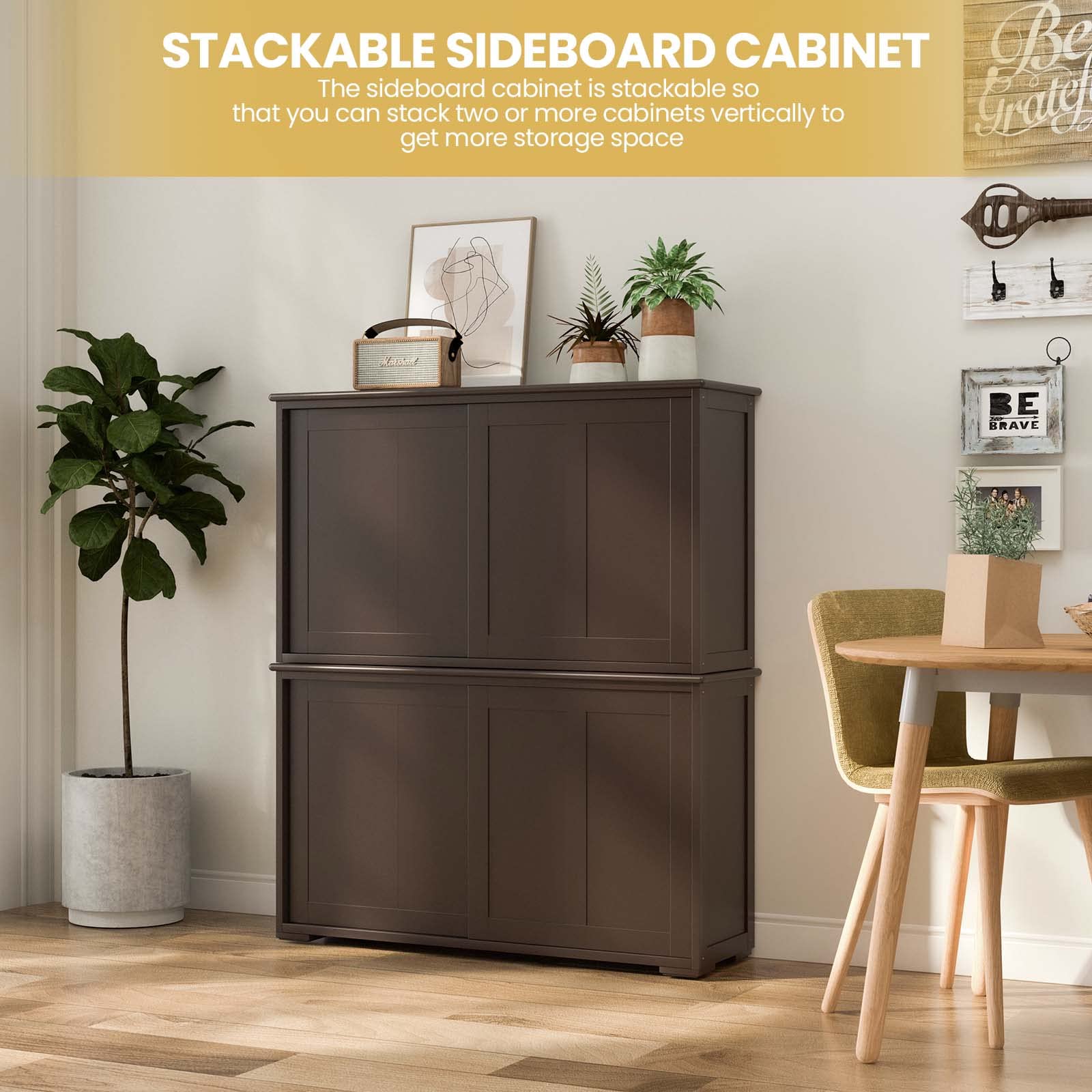 NAFORTA Modern Sideboard Buffet Cabinet with Adjustable Shelves & Sliding Doors - Kitchen Storage Cabinet for Dining Room, Entryway, Living Room | Stackable Organizer for Dishes, Linens & Home Decor (Brown)
