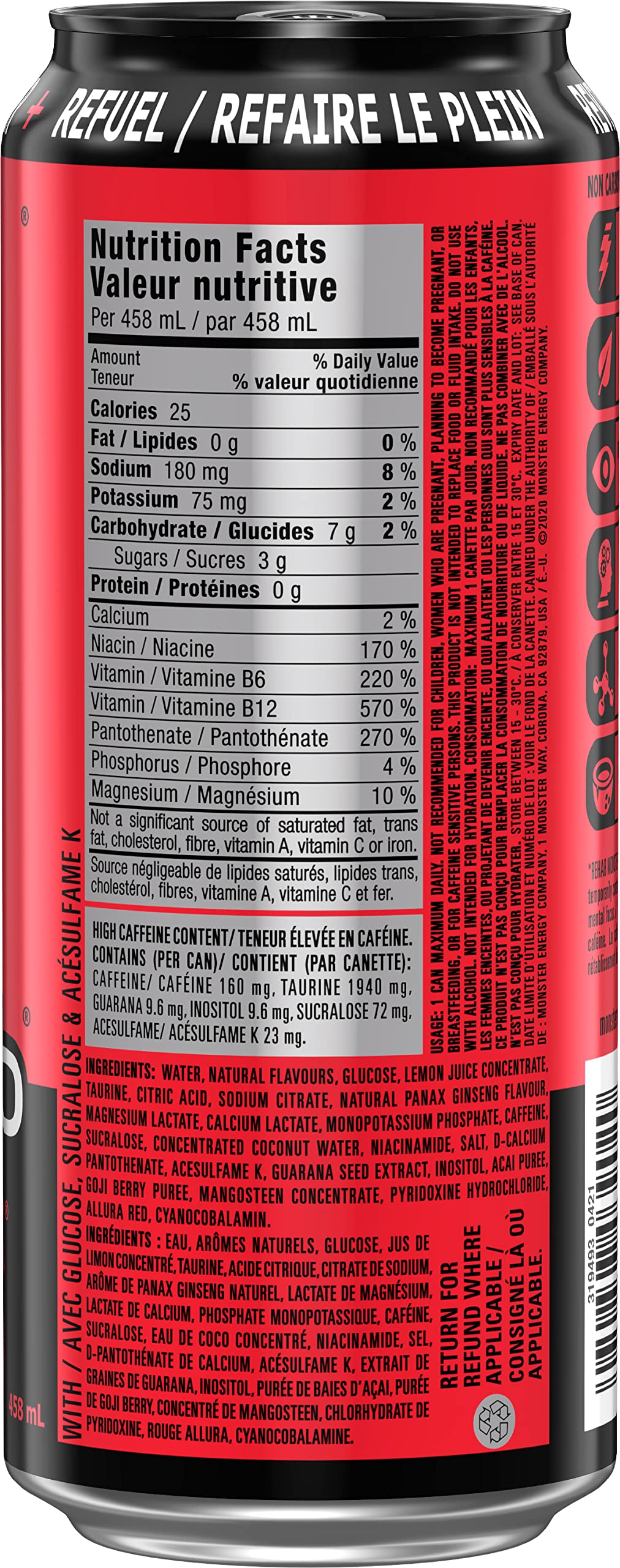 Monster Energy Rehab Strawberry Lemonade - 12 Pack of 458mL Cans | Low-Calorie Sports Drink for Workouts, Gaming & Outdoor Activities | Hydration Boost with Electrolytes & Vitamins
