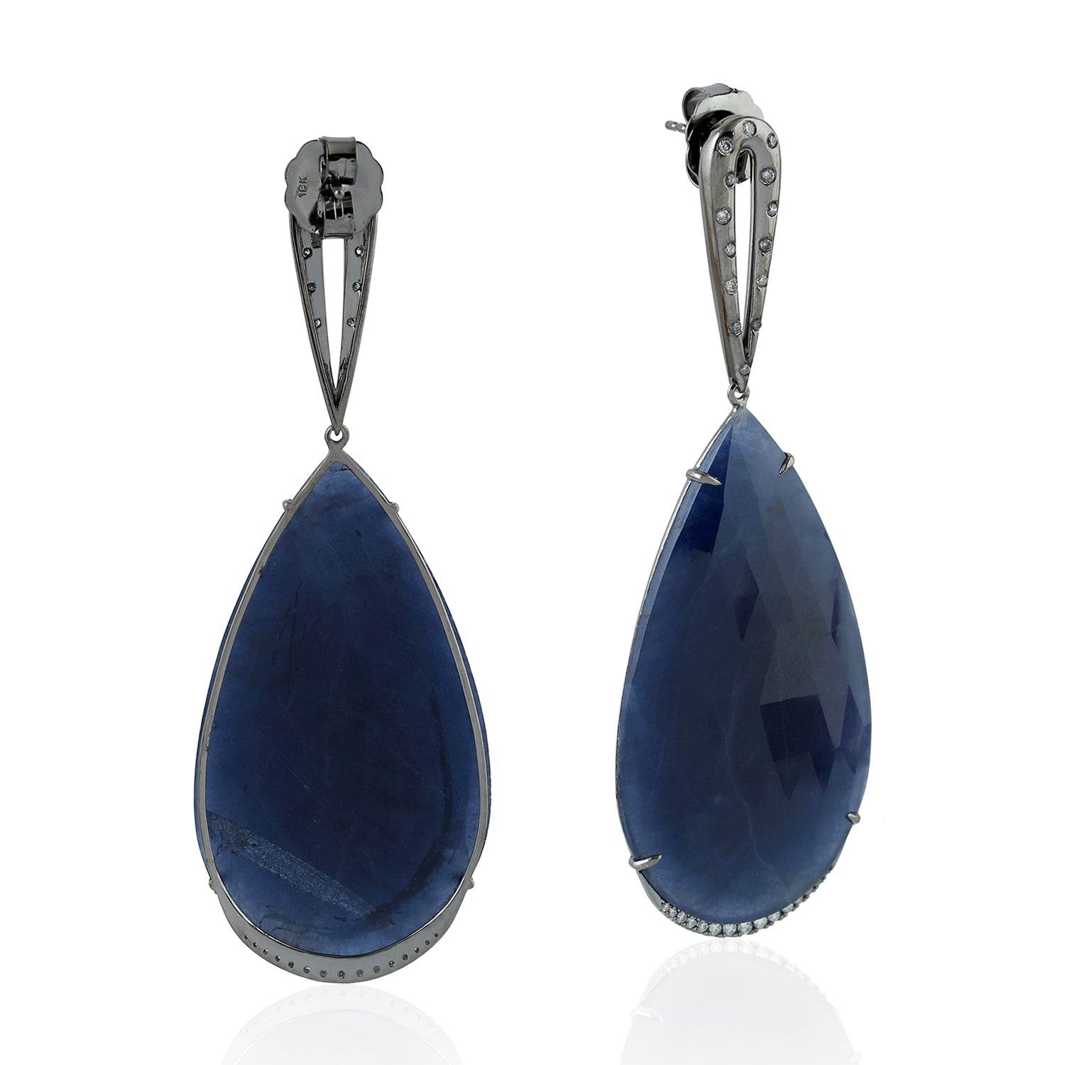 18K White Gold Blue Sapphire Bezel Diamond Drop Earrings - Elegant Dangle Jewelry for Weddings, Parties & Special Occasions