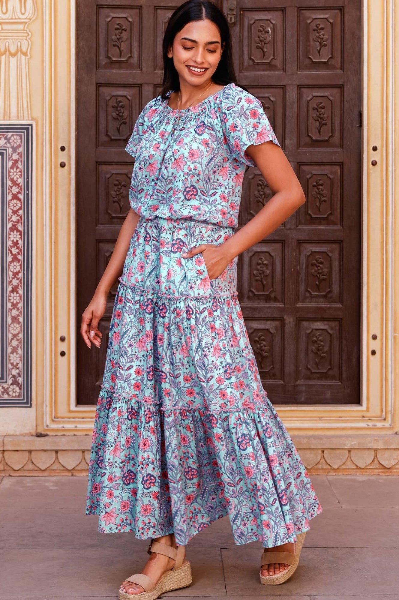 Becks Organic Cotton Block Print Skirt - Handmade Floral Maxi Skirt for Women | Gardenia Blue/Red | Perfect for Boho Beach, Summer Vacations & Music Festivals