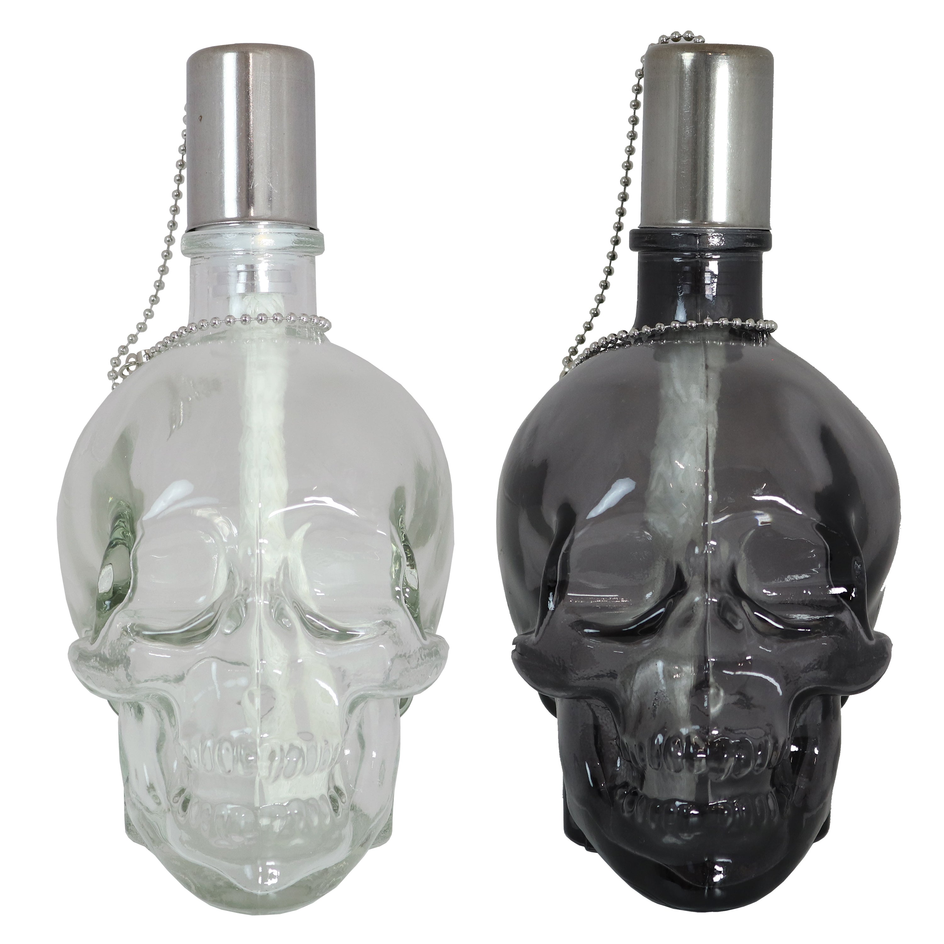 Sunnydaze Grinning Skull Glass Tabletop Torches - Black & Clear Outdoor Decor for Halloween, Patio & Garden Parties