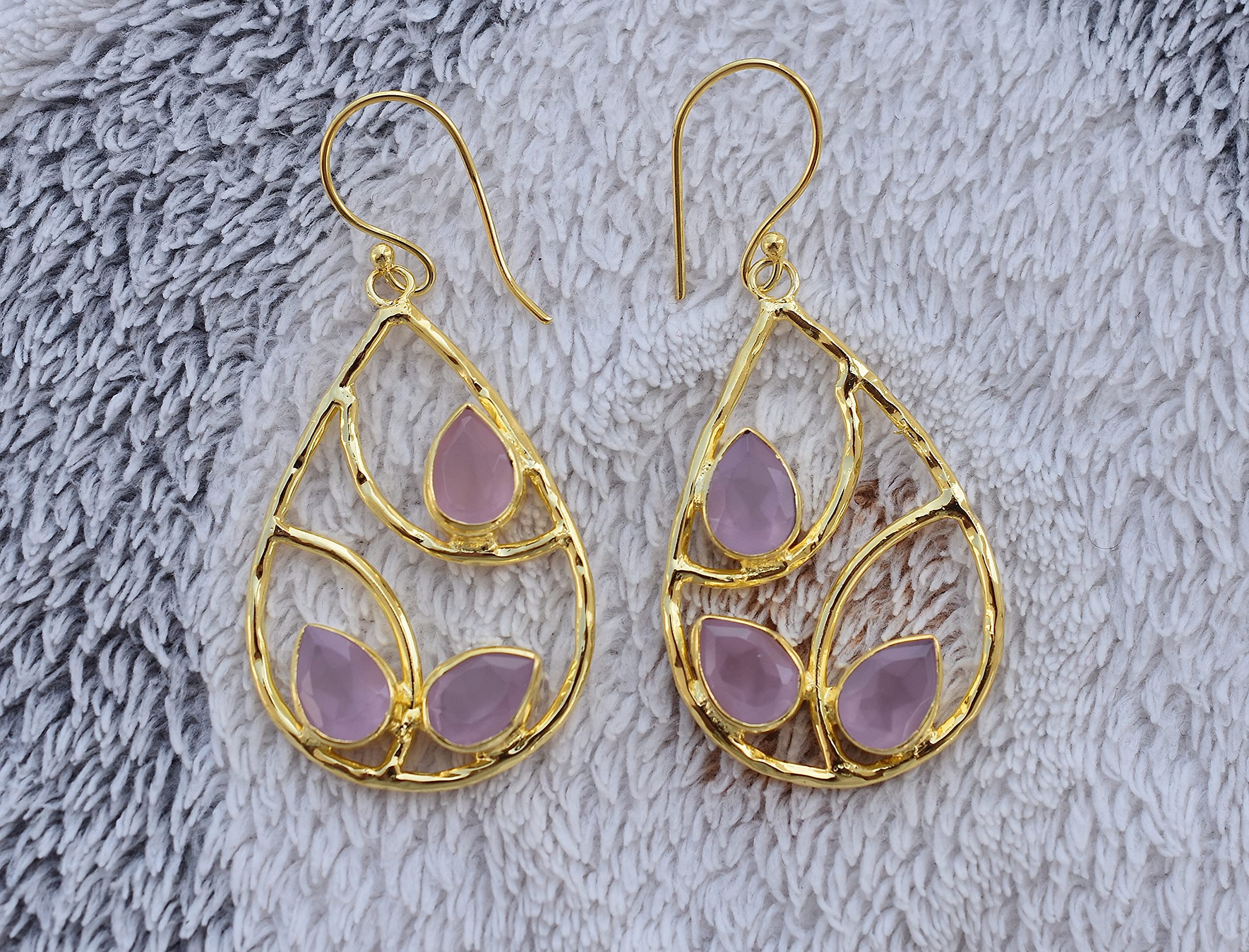 Veracity Pink Rose Quartz Gold Filled Drop Earrings for Women - Handcrafted Teardrop Dangle Earrings with Hammered Detailing | Trendy Fashion Jewelry Gift for Her | Perfect for Date Nights, Weddings & Special Occasions