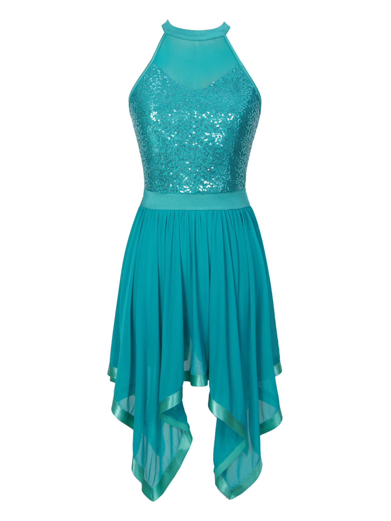 JEATHA Women's Sleeveless Lyrical Dance Costume - Halter Neck Sequined Asymmetrical Mesh Dress for Ballet, Contemporary Dance & Performance