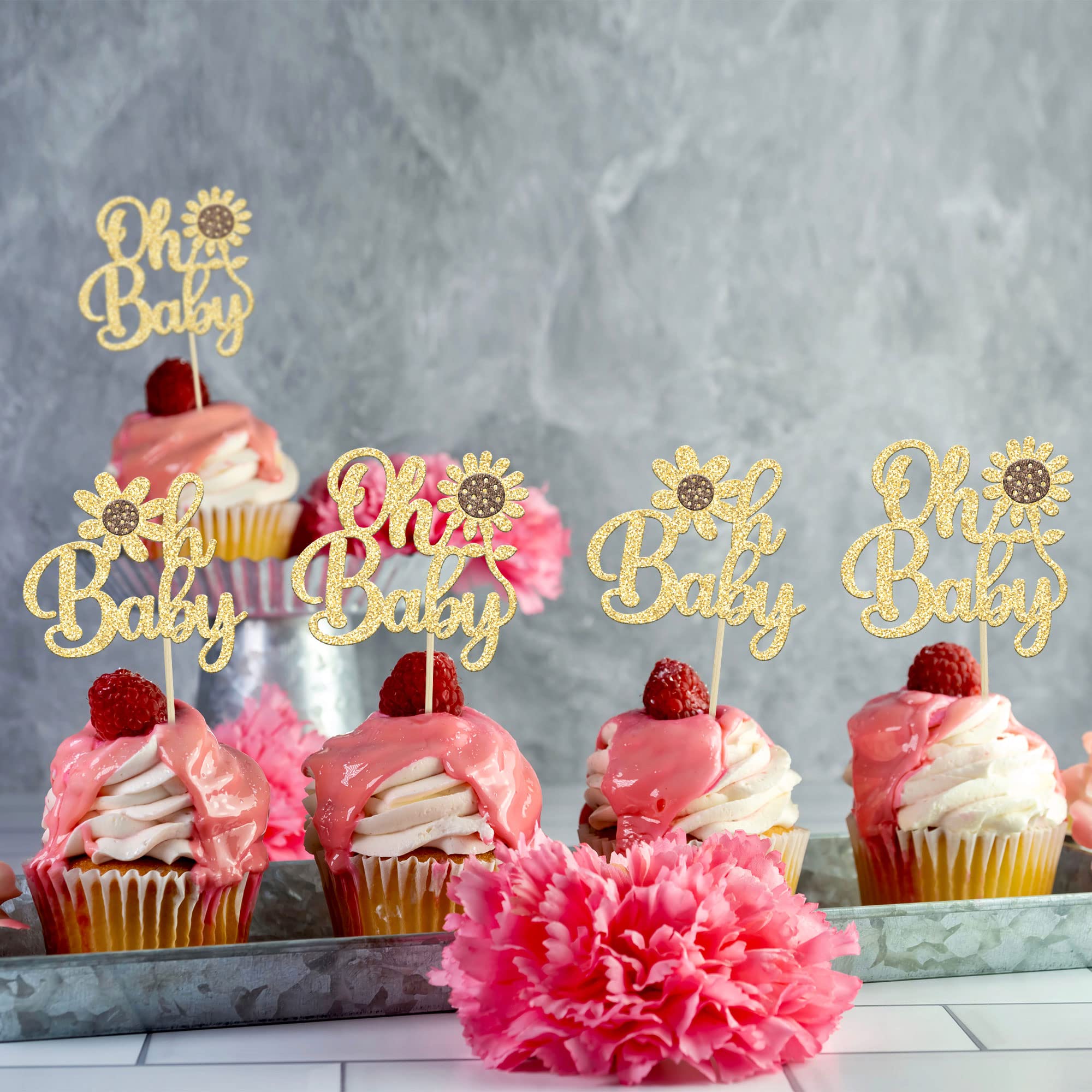 24 Pack Gold Glitter Sunflower Cupcake Toppers - Oh Baby Decorations for Baby Showers, Summer Parties & Kids Birthday Cakes | Floral Cake Decor Supplies for Baby Shower Themes & Summer Celebrations