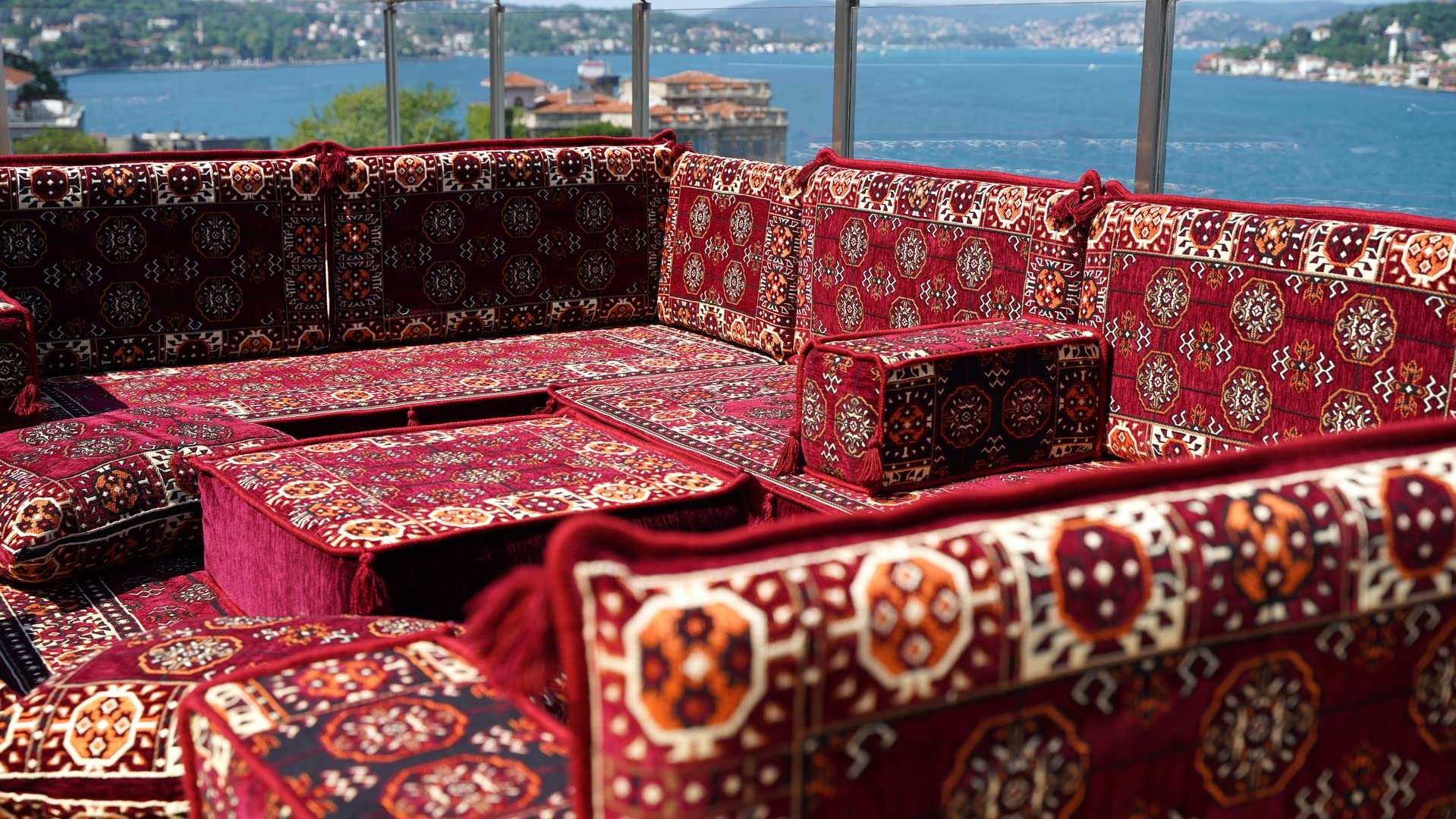 U-Shaped Arabic Sofa Set - Maroon Floor Cushions for Majlis & Home Decor