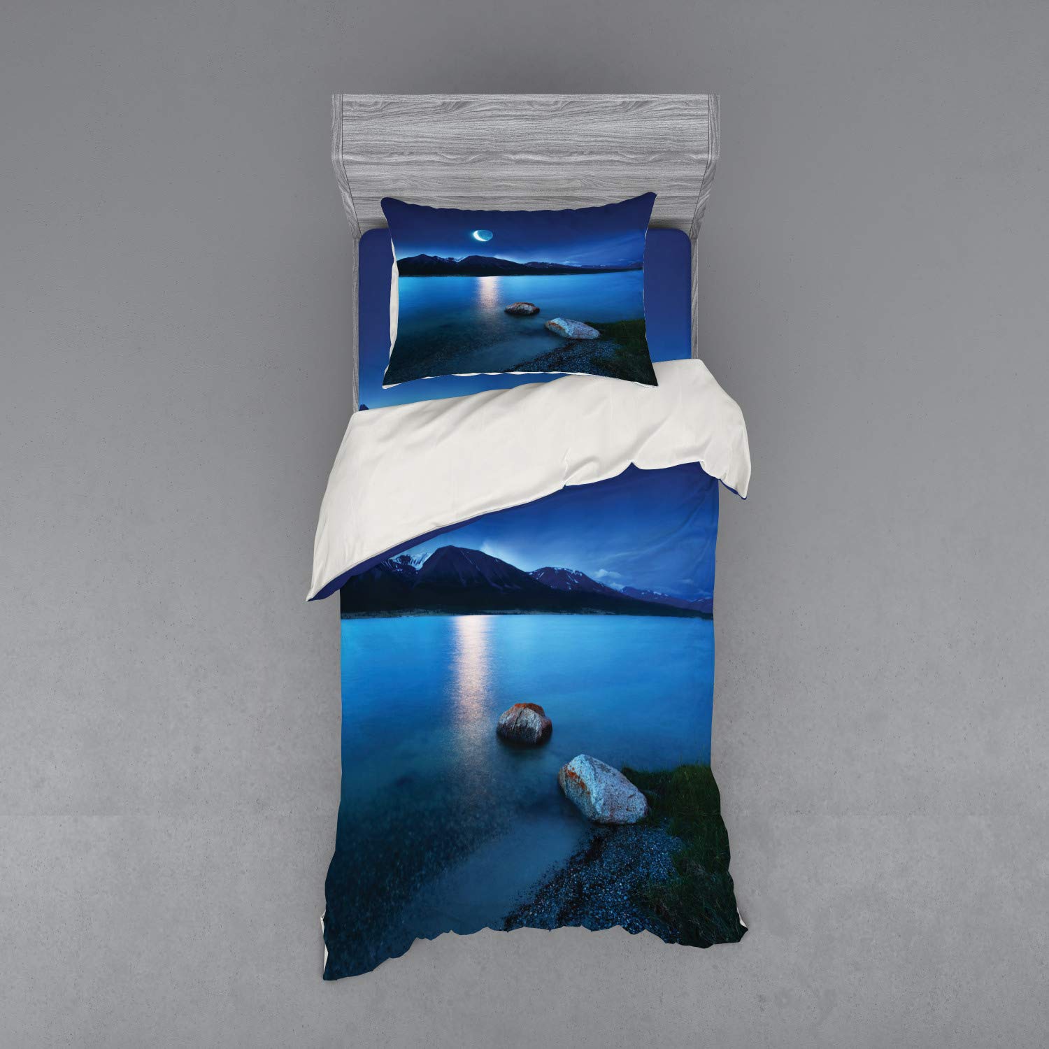 Ambesonne Lake Bedding Set - Twin Size 3-Piece Duvet Cover with Sham & Fitted Sheet, Fantasy Midnight Sky with Crescent Moon & Green Shoreline Design, Blue Grey Green - Perfect for Cozy Bedrooms, Guest Rooms & Lakeside Retreats