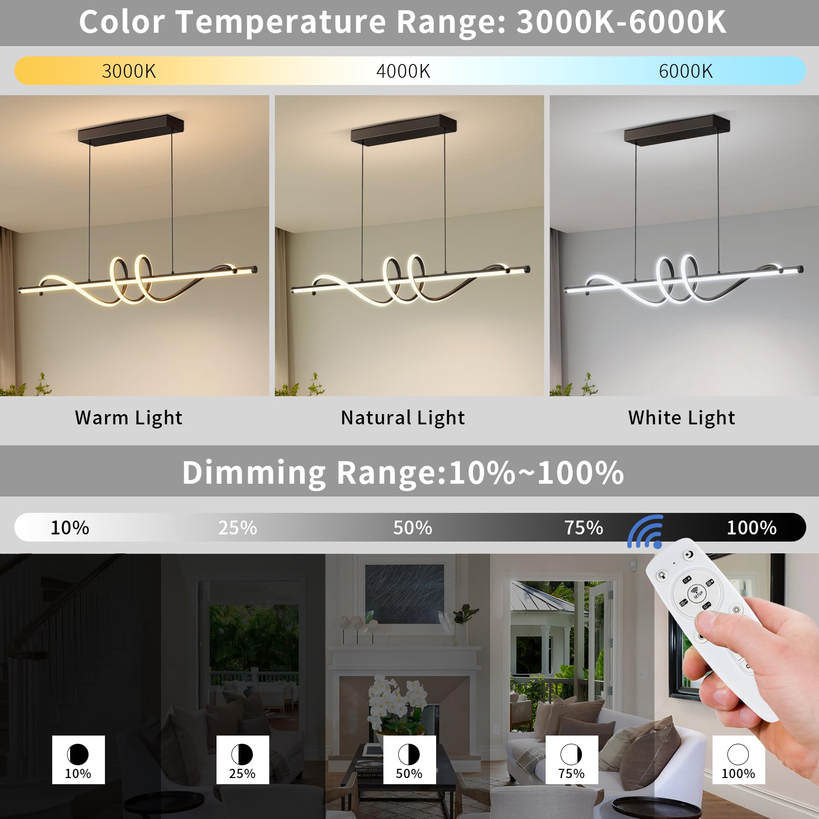 Modern LED Pendant Light Fixture - 39 Inch Dimmable Chandelier with Remote Control, 3000K-6000K Adjustable Color Temperature, Aluminum Hanging Light for Kitchen Island, Dining Room, Billiard Table | Energy-Efficient Home & Commercial Lighting Solution