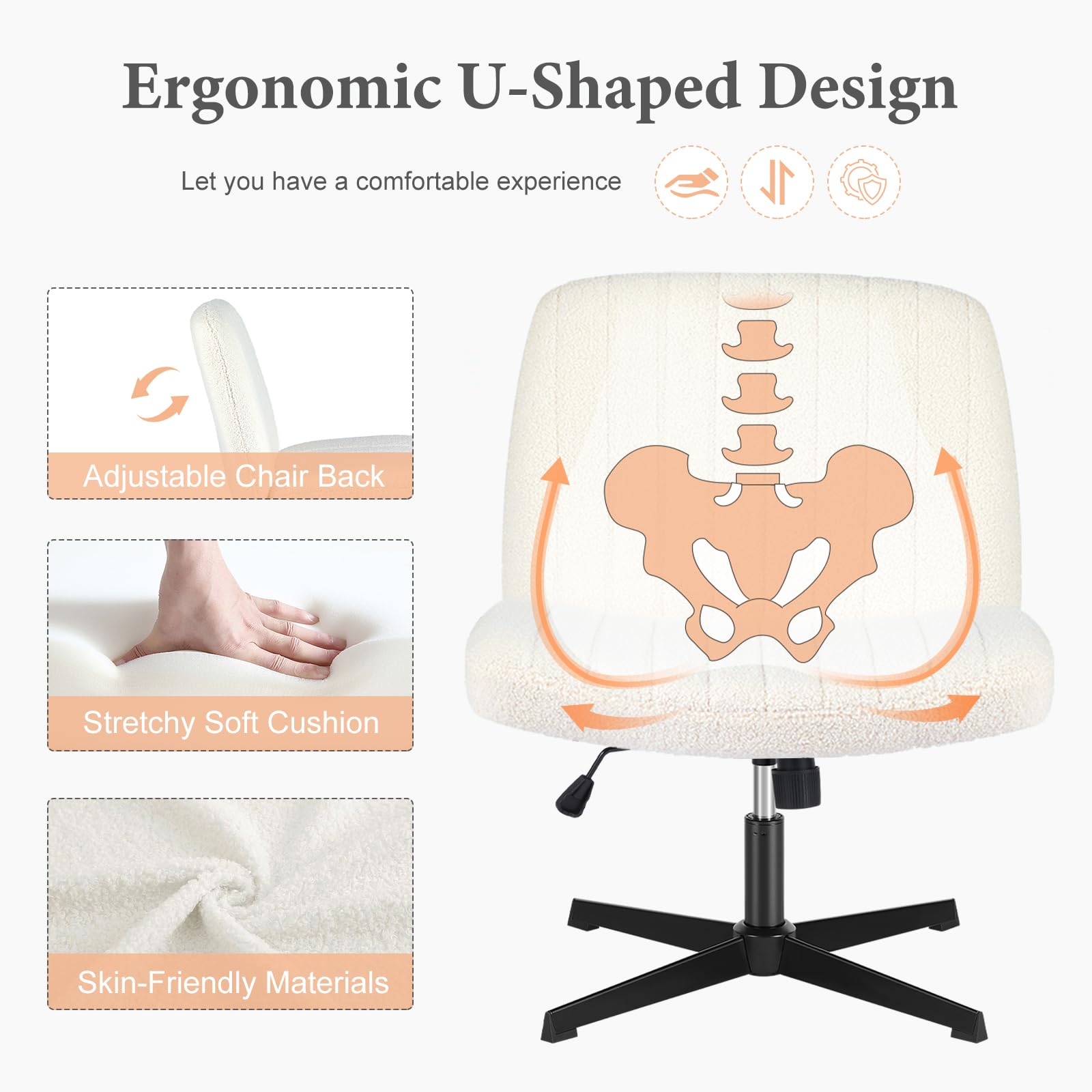 Sweetcrispy Criss Cross Chair Legged Armless Office Desk Chair - No Wheels, Swivel Vanity Chair with Height Adjustable Wide Seat - Modern Fabric Computer Task Chair for Home Office, Dressing Room & Workspace (White)