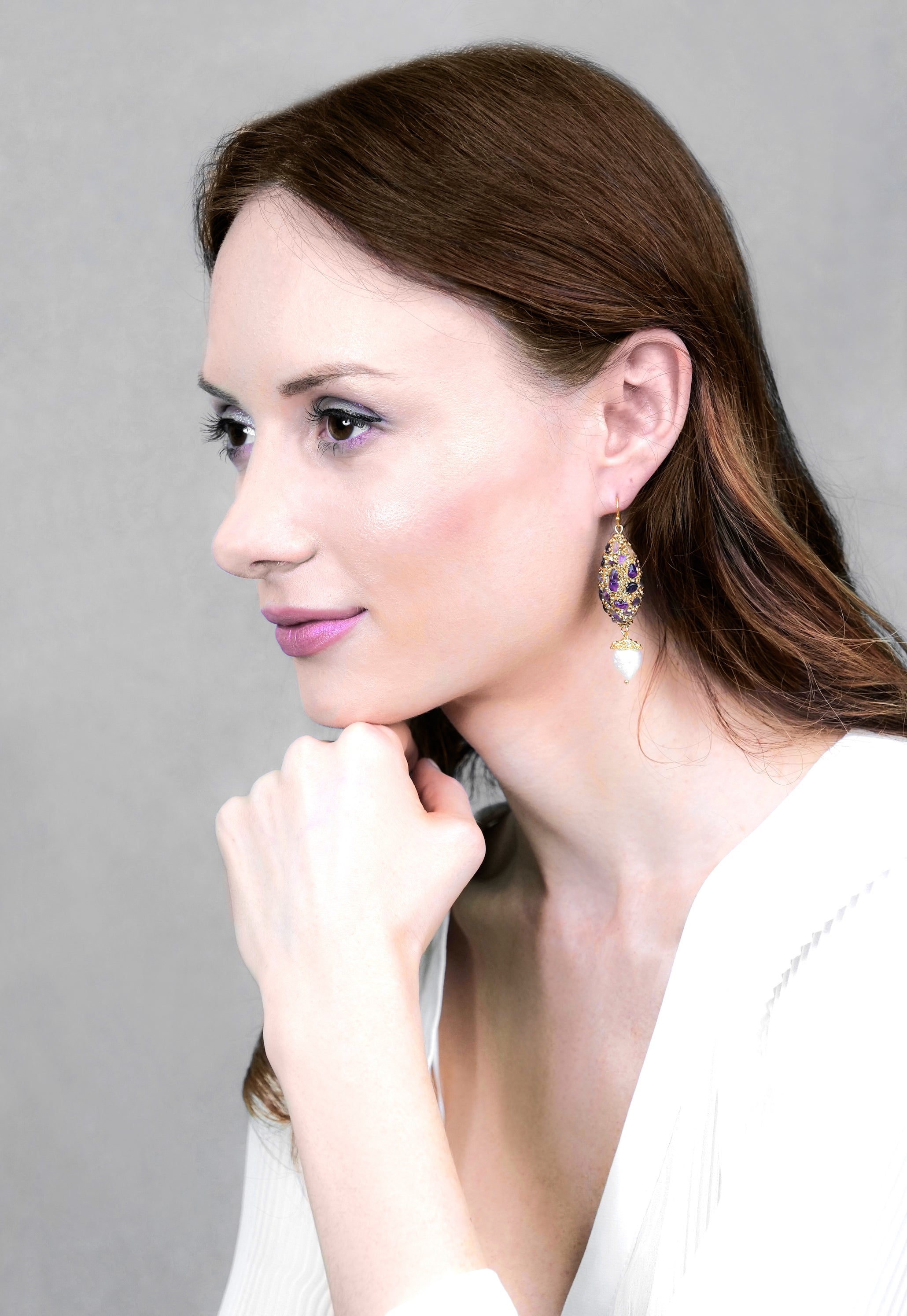 Rhinestone Bordered Amethyst Drop Earrings AE005 - Elegant Purple Crystal Dangle Earrings for Women, Perfect for Parties, Weddings & Special Occasions