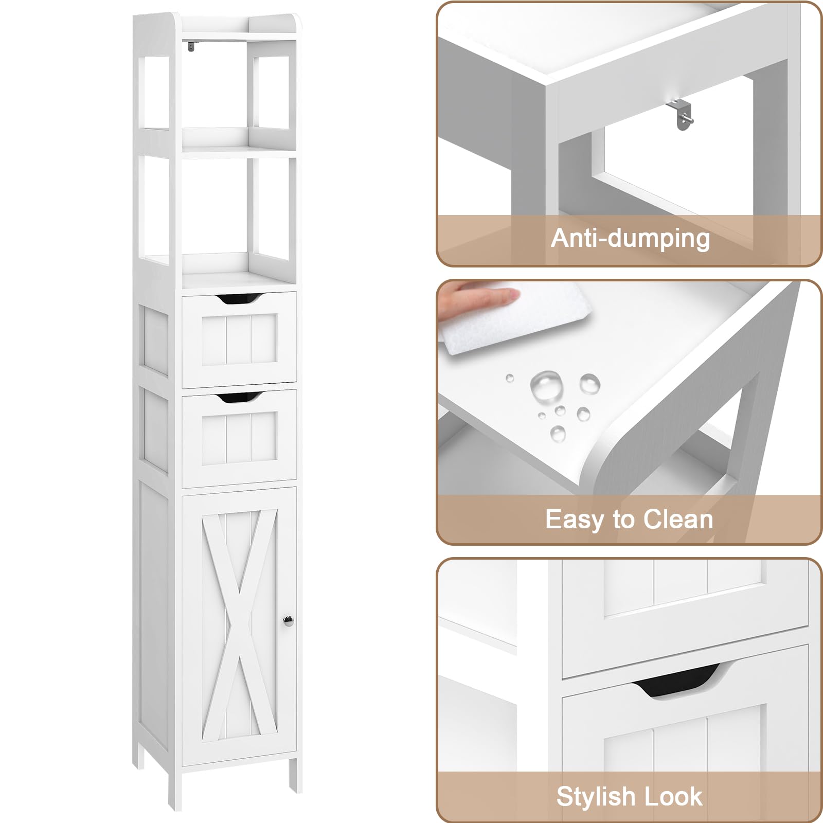 Freestanding Narrow Tall Bathroom Cabinet with Door & Adjustable Shelf - Multifunctional Floor Storage with 2 Drawers, White - Perfect for Small Bathrooms, Bedrooms & Laundry Rooms