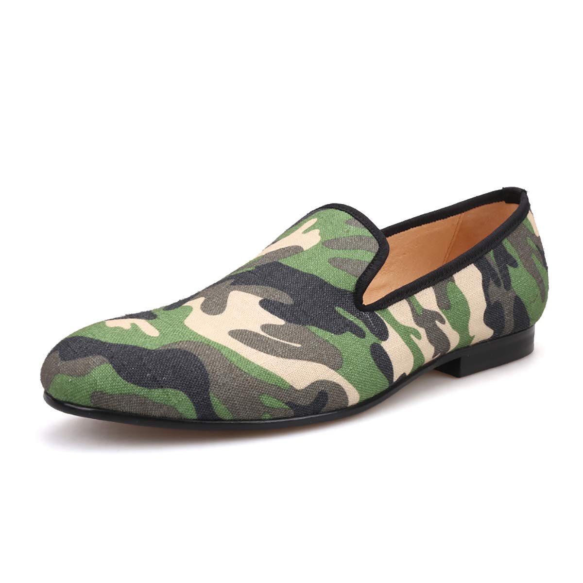 HI&HANN British Style Classic Camouflage Men's Smoking Slippers - Handmade Mix Color Canvas Loafers for Casual & Prom | Comfortable House Shoes for Relaxing at Home