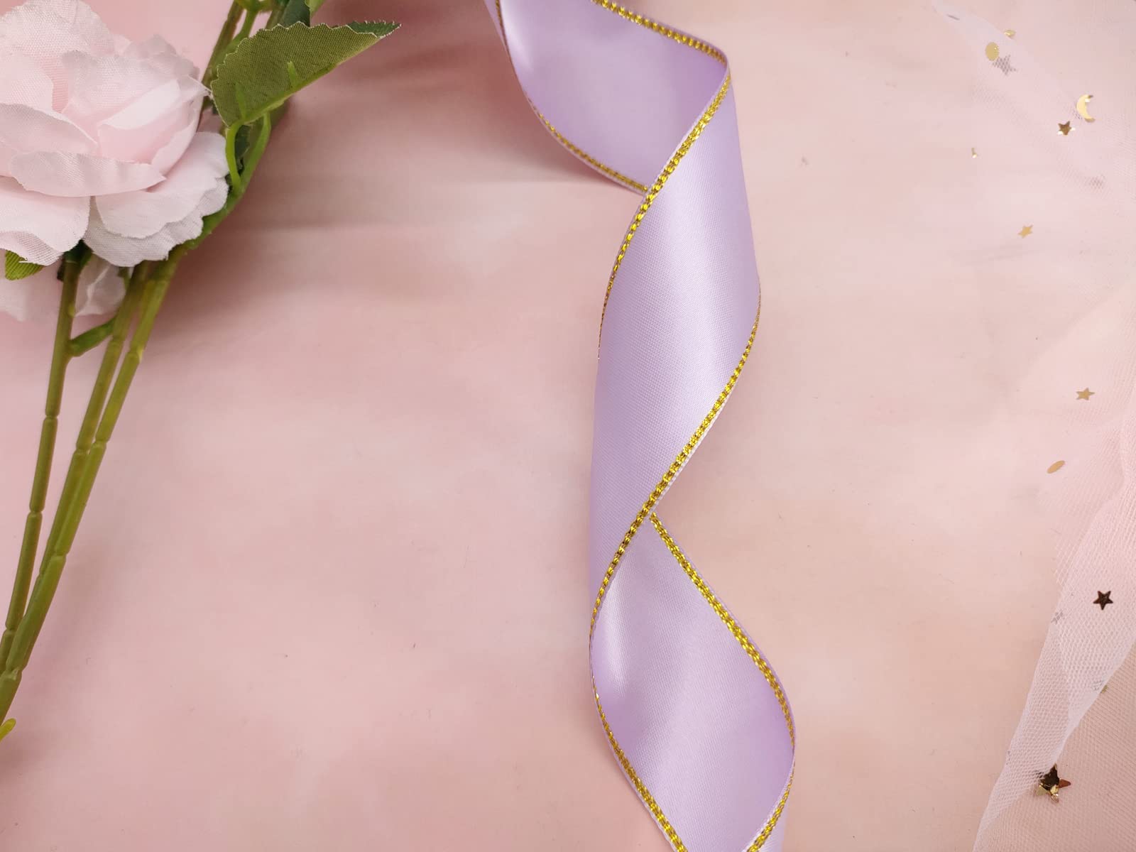 1 1/2 Inch Wide Lavender Satin Ribbon with Gold Edge - 25 Yards Continuous Roll - Double Faced Gift Wrapping Ribbon for Wedding, Baby Shower, Party Decorations & Craft Projects - Sparkly Decorative Ribbon for DIY, Gift Packaging & Event Decor