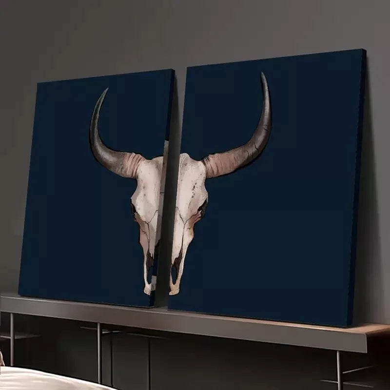 2Pcs Skull Artwork Canvas Wall Decor - Southwest Desert Cowboy Painting Framed 50x75cm - High Quality Print Ready to Hang - Perfect for Western Home Decor, Man Cave & Ranch Style Living Rooms