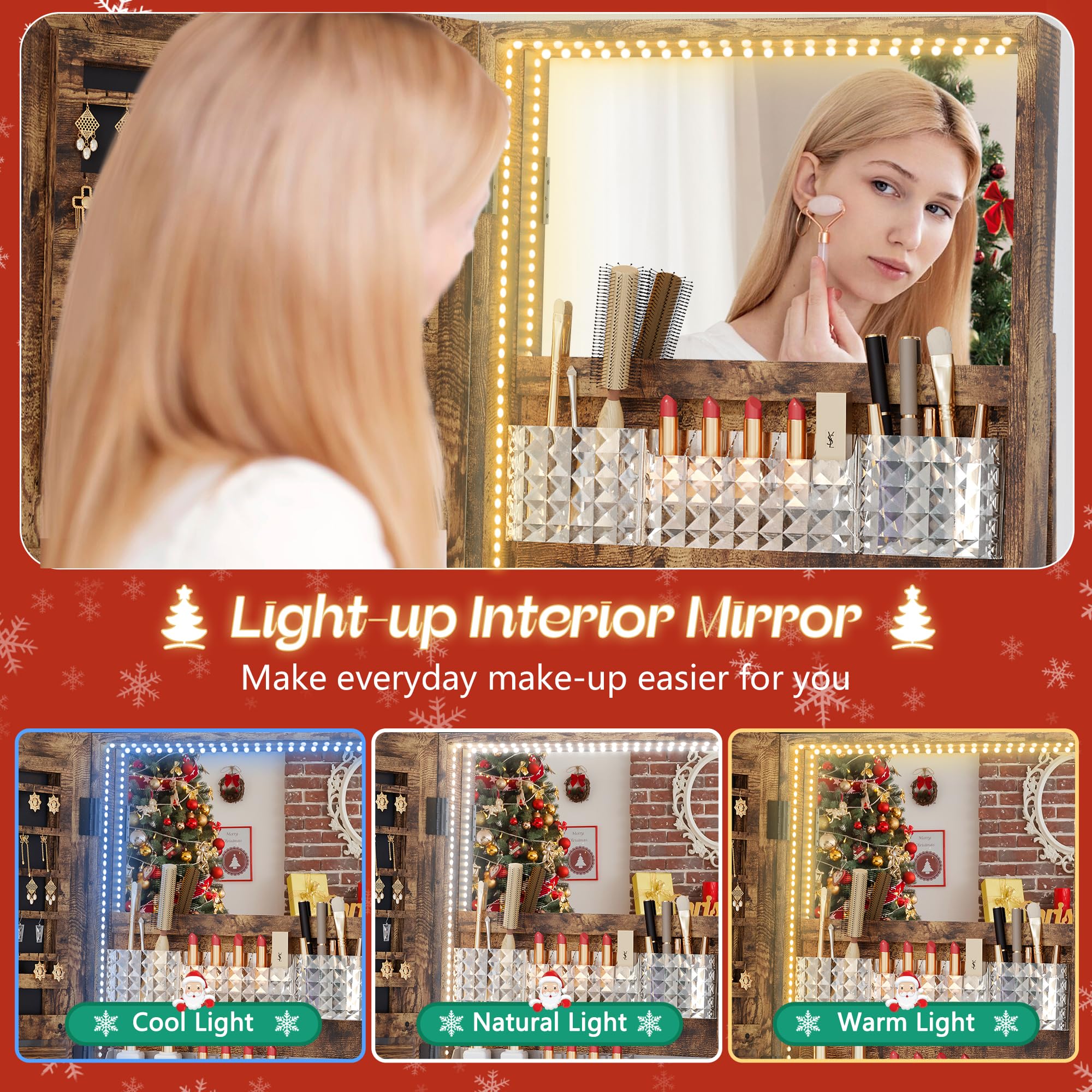 360° Swivel Mirror Jewelry Cabinet with LED Lights - Lockable Standing Jewelry Armoire Organizer with Storage Shelves for Bedroom, Bathroom & Dressing Room