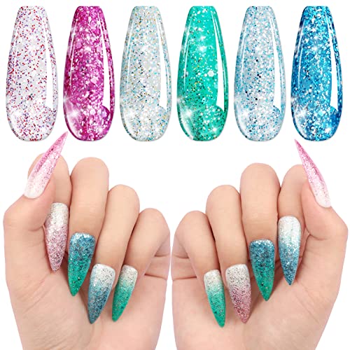 6PCS Glitter Gel Nail Polish Set - Colorful Sparkly Diamond Gel in Pink, Purple, Blue & Green - UV LED Soak Off Nail Lacquer for Manicure & Nail Art | Perfect for Parties, Weddings & Special Occasions
