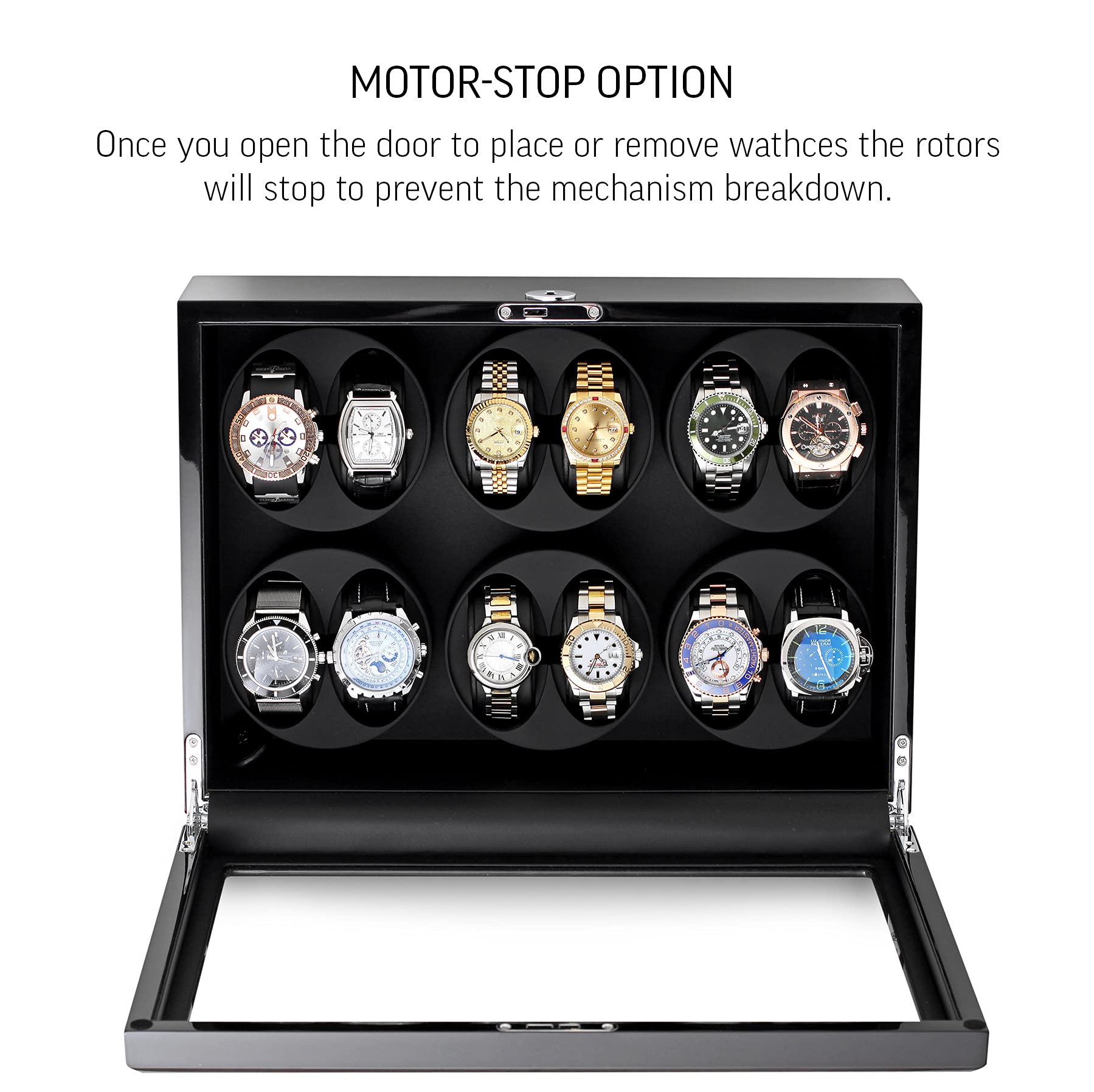 12 Slot Automatic Watch Winder with Motor Stop & Battery Option - Perfect for Rolex, Omega & Luxury Watch Storage & Display