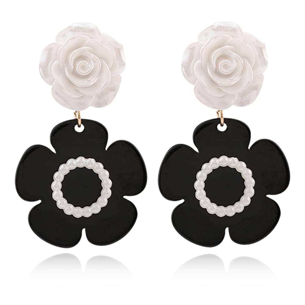 Retro Black & White Rose Flower Pearl Hoop Earrings for Women - Unique Camellia Acrylic Dangle Earrings | Vintage Style Jewelry Gift for Girls, Party Wear & Everyday Fashion Accessories