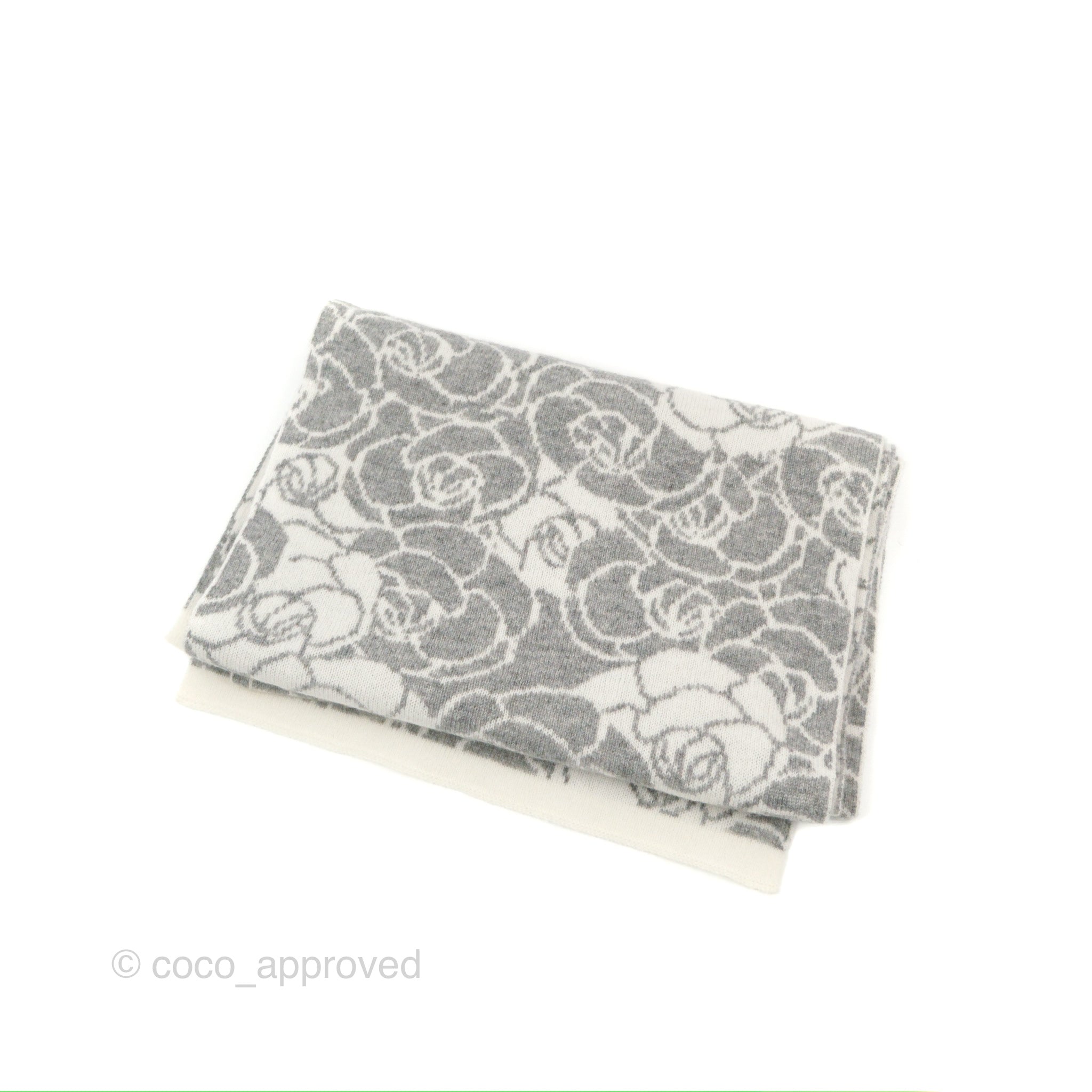 Chanel Camellia Grey & White Cashmere Scarf - Luxury Soft Winter Wrap for Women, Perfect for Cold Weather & Fashion Accessories