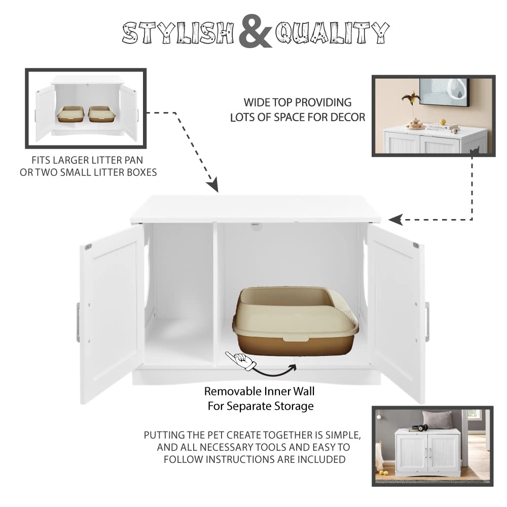 Stylish Cat Washroom Storage Bench - Litter Box Enclosure Furniture with Table | Spacious Hidden Storage | Easy to Assemble | Fits Most Litter Boxes | Modern White Design | Perfect for Small Spaces & Home Decor