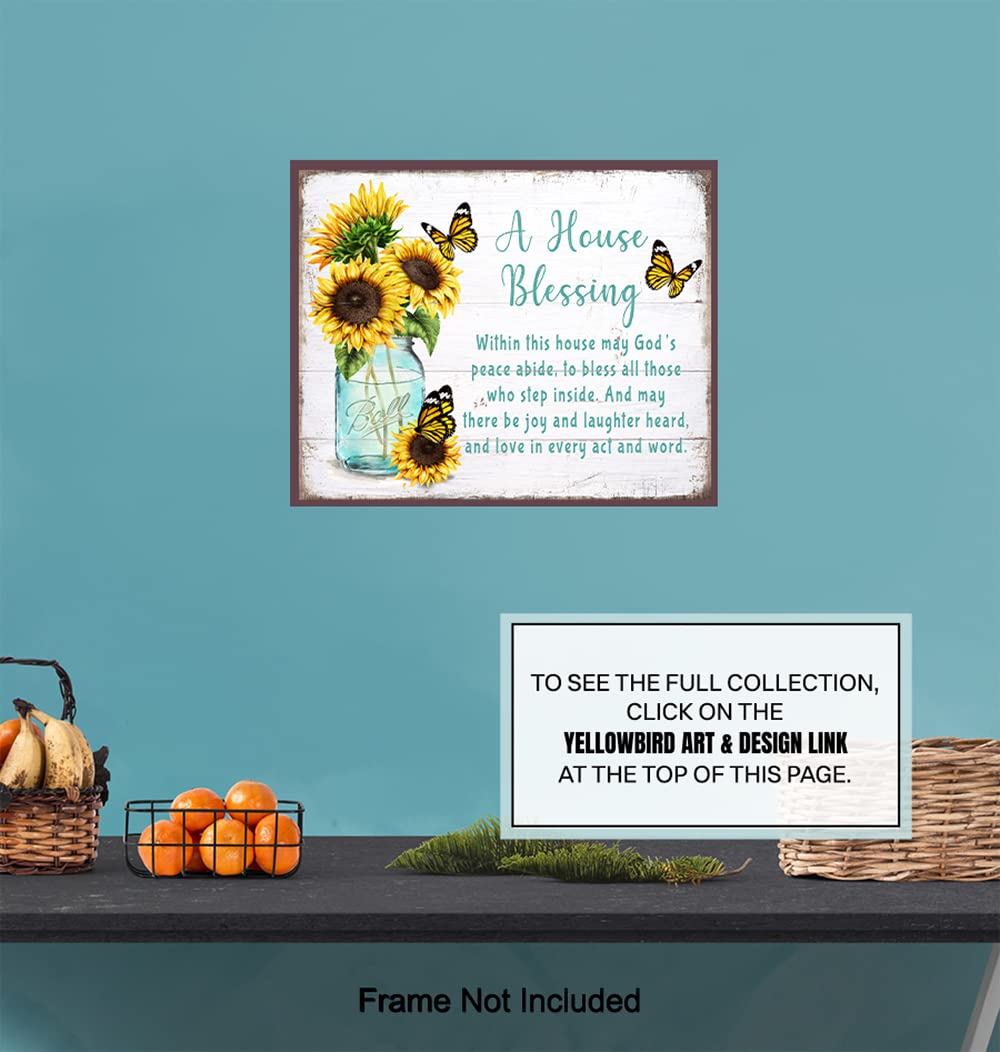 Christian House Blessing Gifts for Women - Religious Housewarming Wall Art with Sunflower & Butterfly Design - Rustic Country Bible Verse Decor - Inspirational Home Decor for Living Room, Bedroom & Office