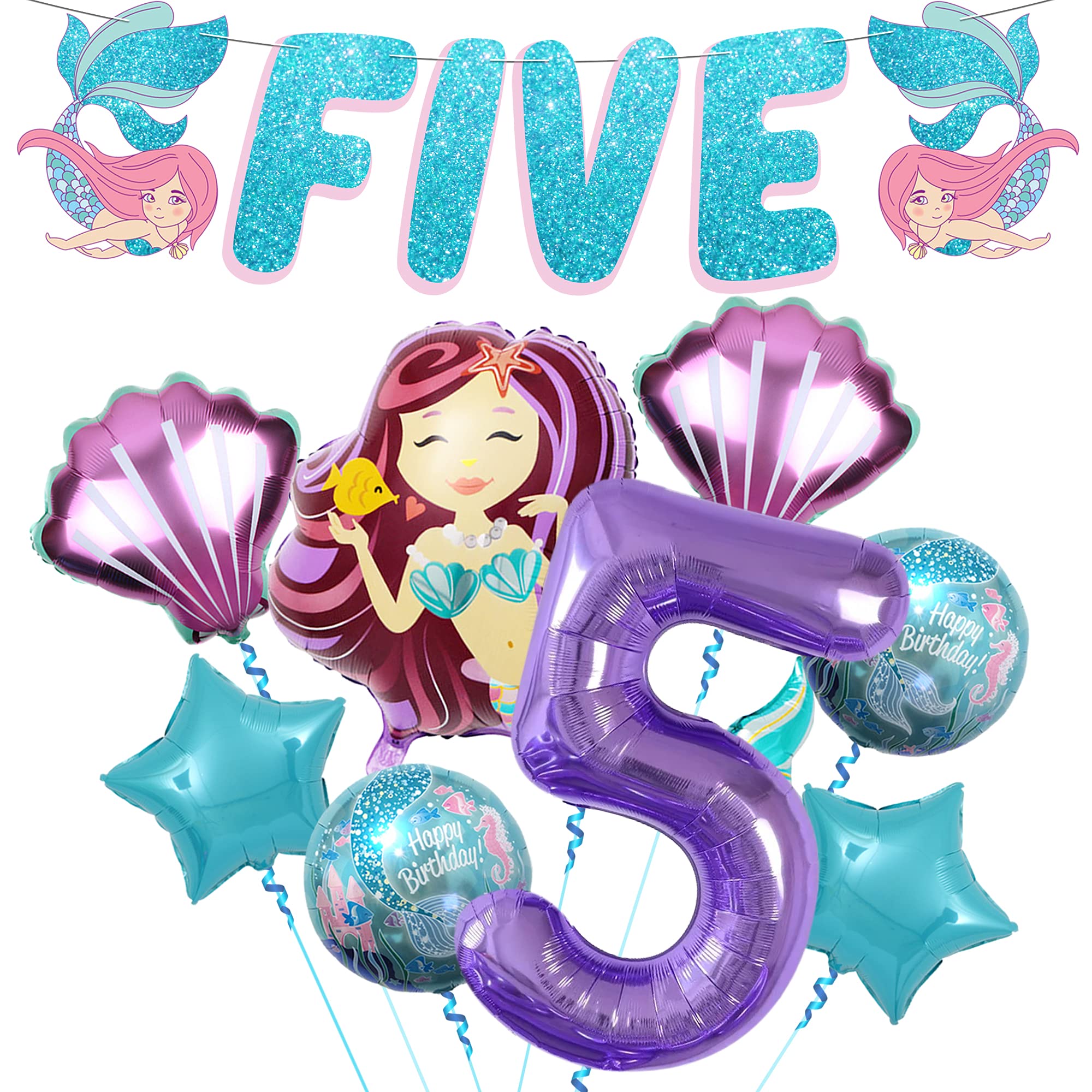 Shiny Mermaid 5th Birthday Party Decorations for Girls - Pack of 9 Including Balloons & Banner | Mermaid Themed Party Supplies for Kids Birthday | Perfect for Underwater, Ocean or Princess Themed Parties