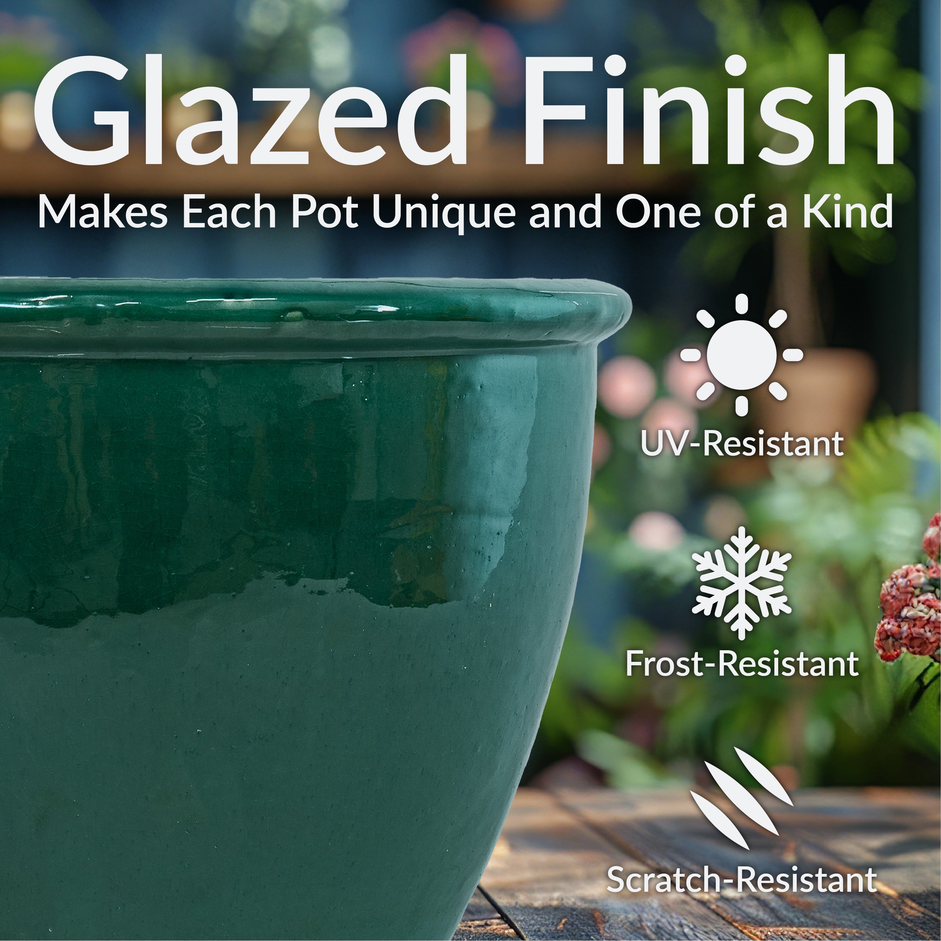 Sunnydaze Chalet Round Glazed Ceramic Planter with Drainage Hole - Outdoor Garden Flower Pot for Patio, Balcony & Home Decor