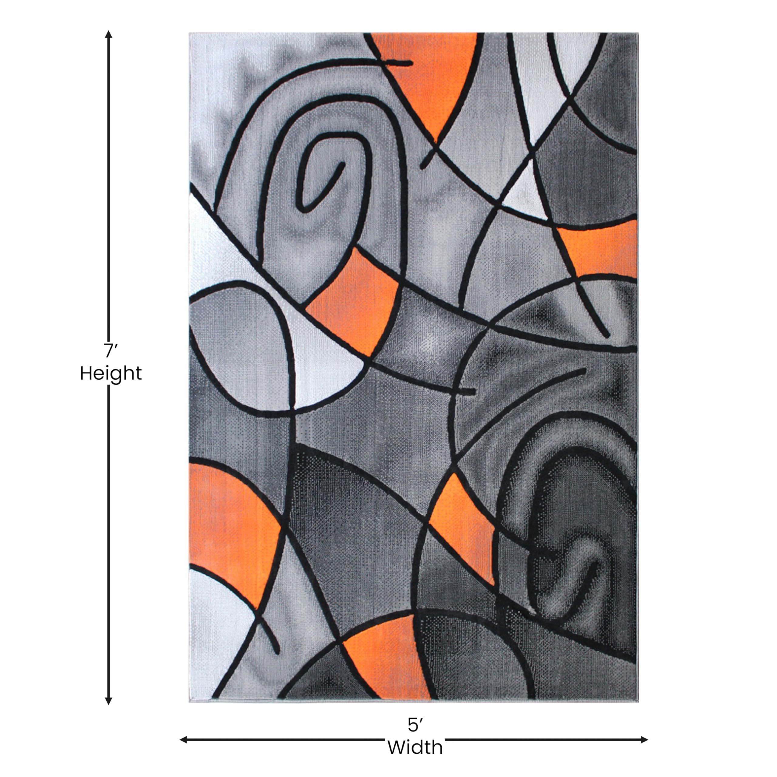 EMMA + OLIVER Urbane Plush Olefin Accent Rug - 5x7 Abstract Geometric Pattern with Gradient Gray & Vibrant Orange - Stain & Moisture Resistant Indoor Rug - Perfect for Living Room, Bedroom or Office Decor