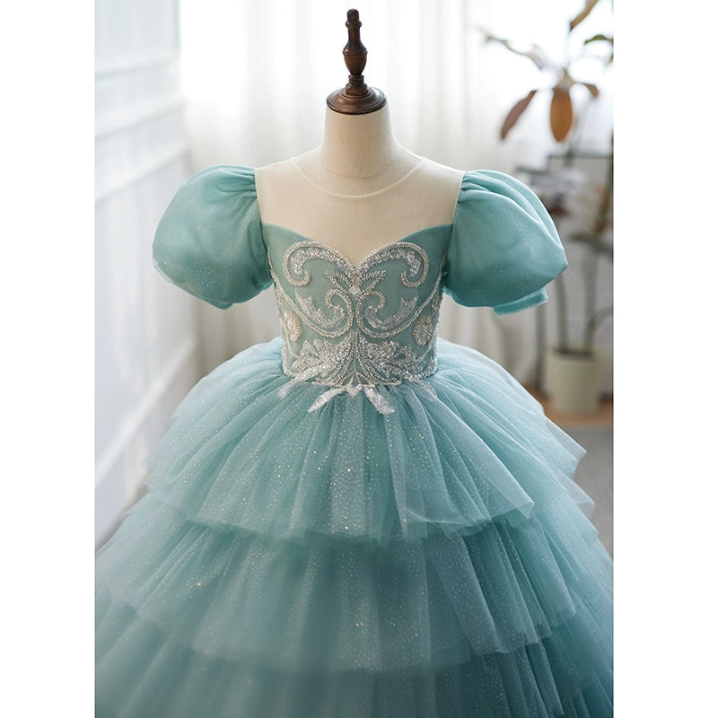 Mint Green Princess Round Floor Length Tulle Flower Girl Dress for Weddings, Baptisms & Special Occasions