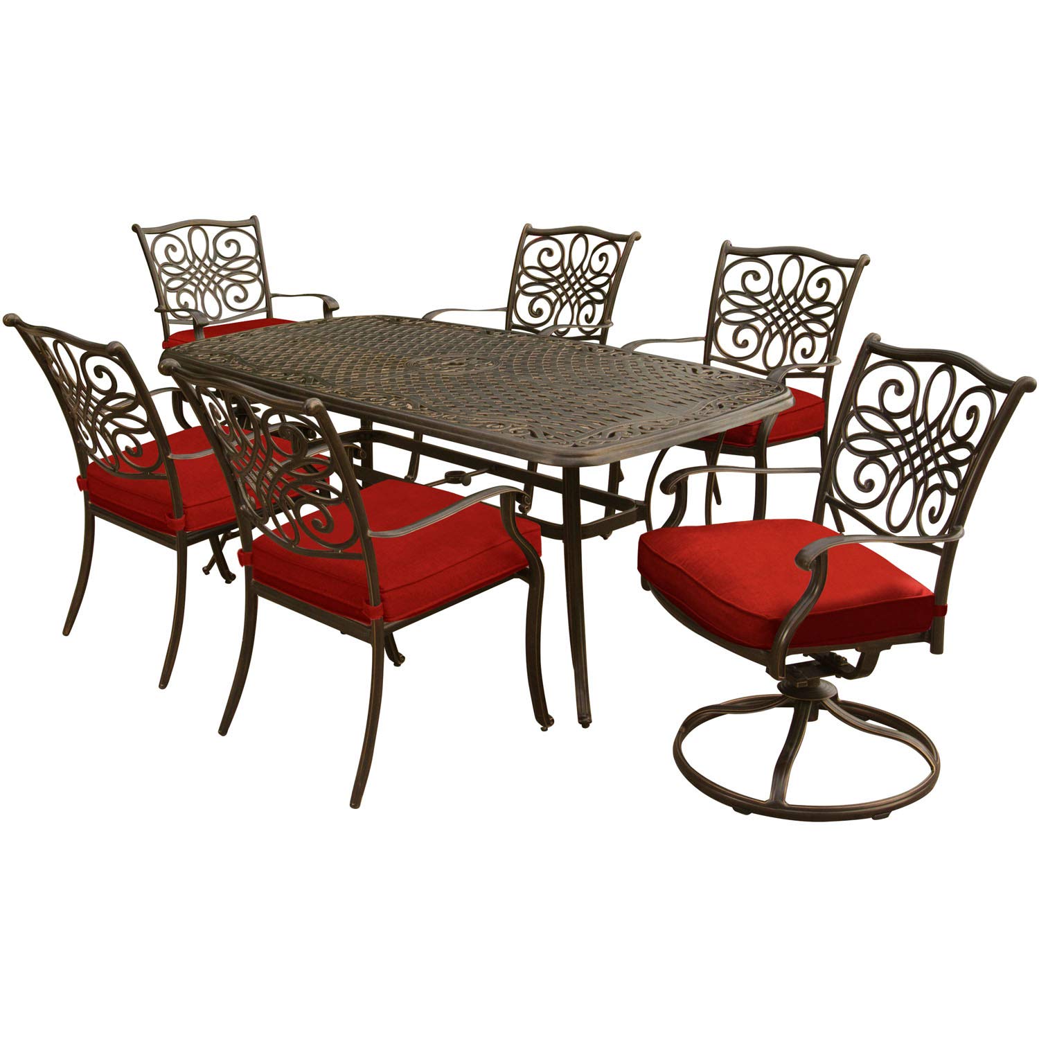 Hanover Traditions 7-Piece Cast Aluminum Outdoor Dining Set with 4 Stationary Chairs & 2 Swivel Rockers - Brushed Bronze Finish, Red Cushions, Rust-Resistant - Perfect for Patio, Garden, Backyard and Poolside Entertaining