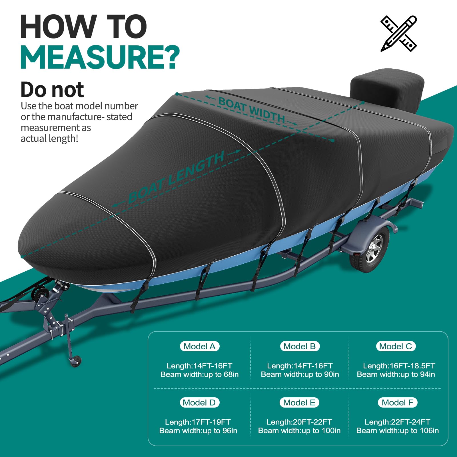 **True 100% Waterproof 900D Solution-Dyed Boat Cover with 17 Windproof Straps – Fits V-Hull, Tri-Hull, Bass Boat, Runabout, Fishing & Ski Boats (14'-16' L, Up to 90