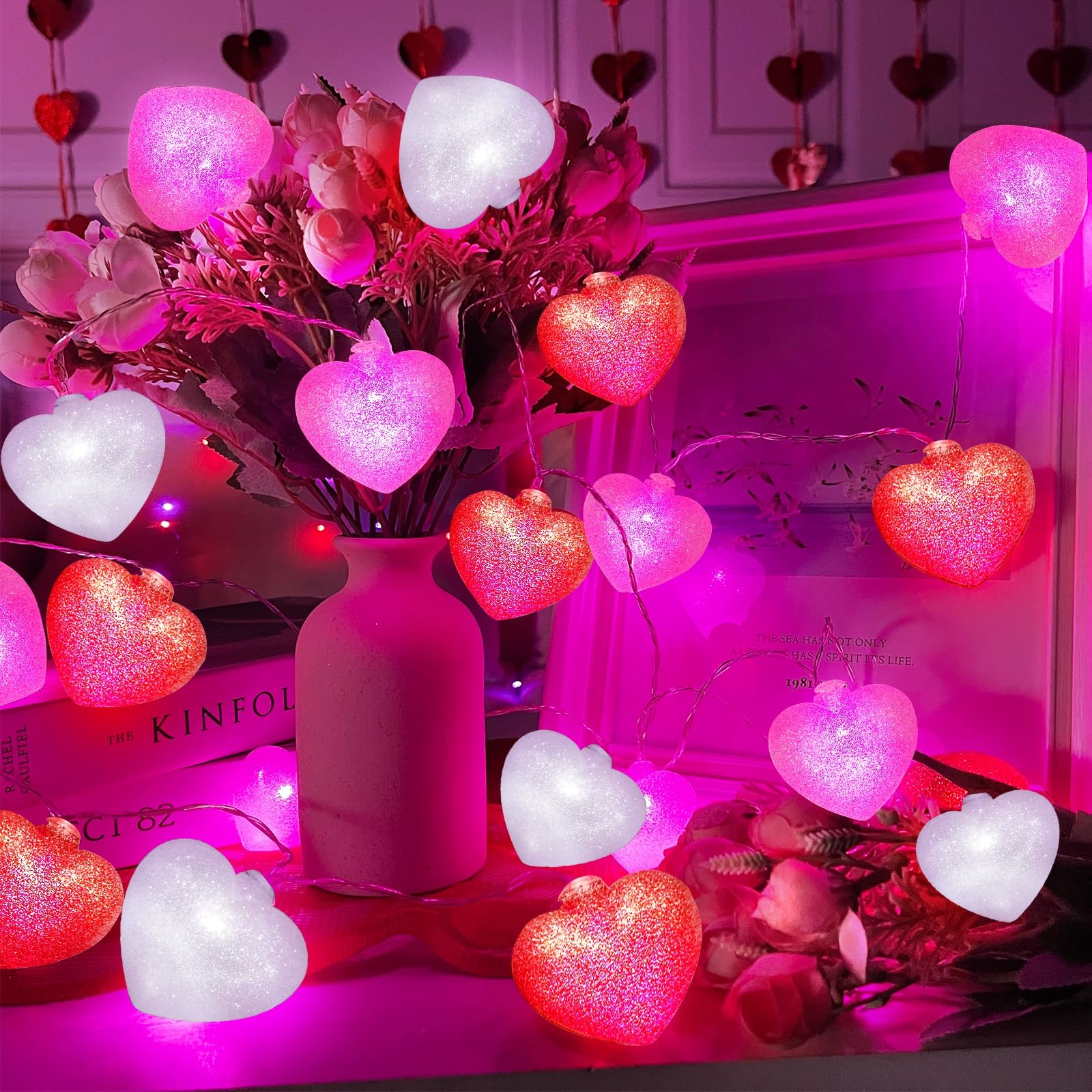 10 Ft 20 LED 3D Heart String Lights - Pink Red White Valentine's Garland with Glitter | Battery Operated for Indoor & Outdoor Decor | Perfect for Home, Party, Wedding, Bedroom & Garden Romantic Lighting