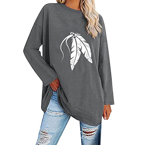 Women's Long Sleeve Feather Print Oversized T-Shirt - Loose Casual Crewneck Tunic Top in Soft Blouse Fabric (Dark Gray, Size S) | Perfect for Everyday Wear, Layering & Boho Outfits