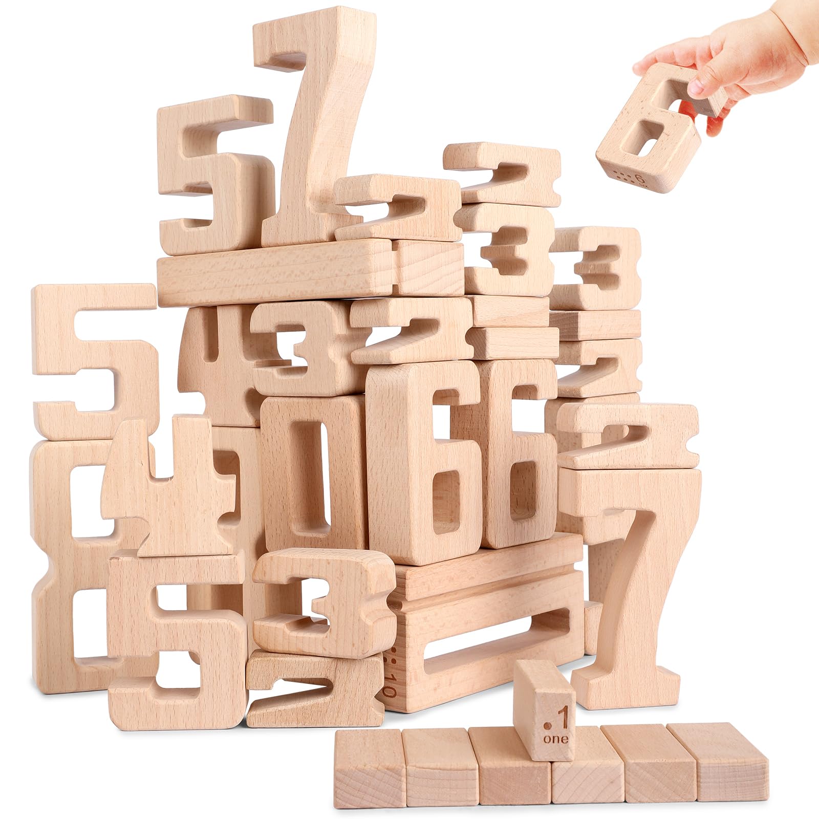 Wooden Number Building Blocks 1-10 - 32 Piece Large Math Learning Toys for Toddlers & Kids Ages 3+ | Educational Counting Blocks for Preschool Classroom & Homeschool Activities