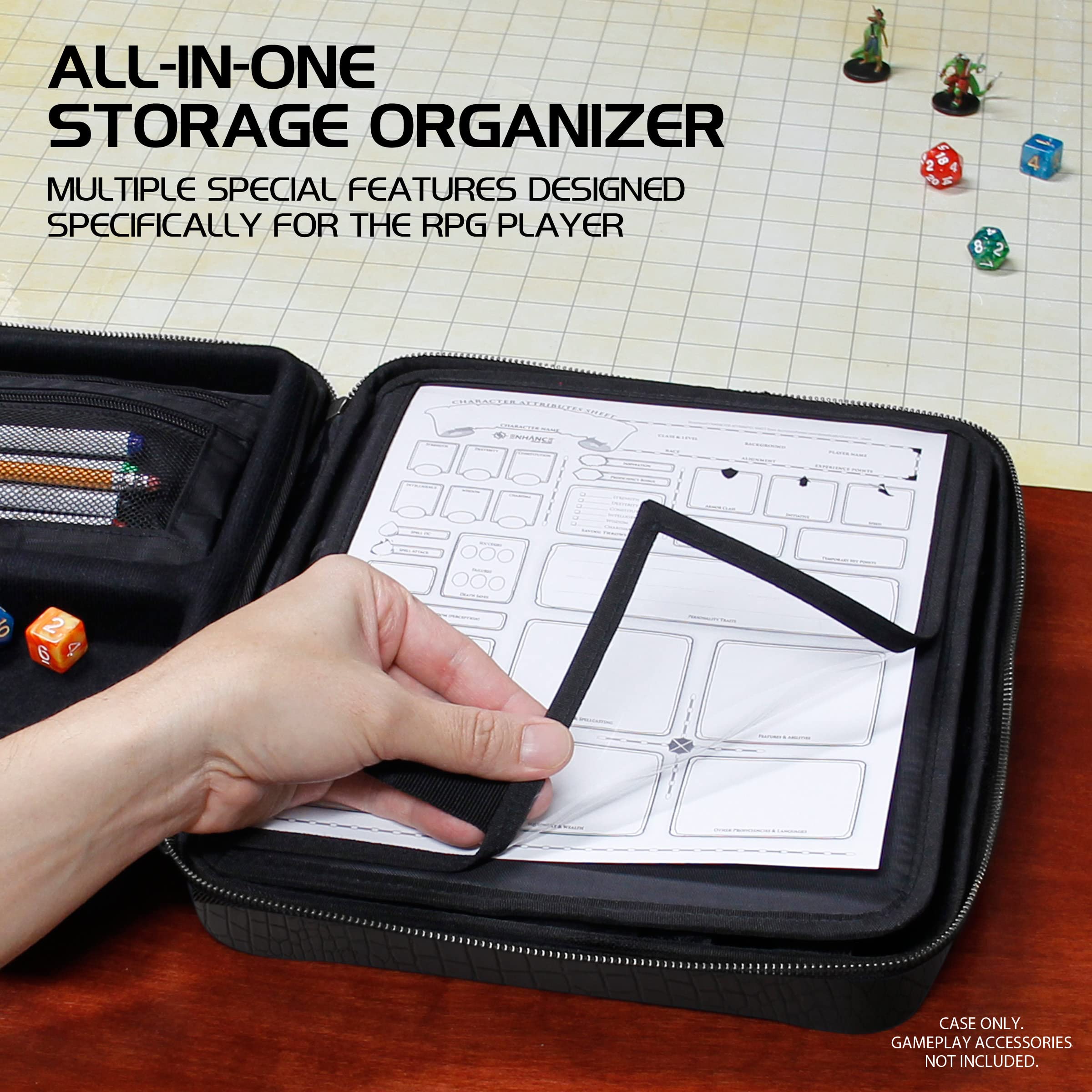 Premium RPG Organizer Case - Durable DnD Binder with Built-in Character Sheet Holder, Erasable Scribe Panel, Dice Rolling Area & Removable Pen Pouch | Perfect for Dungeons & Dragons, Pathfinder & Tabletop Gaming | Includes Miniature Foam Tray & Wrist Strap for Convenient Game Sessions