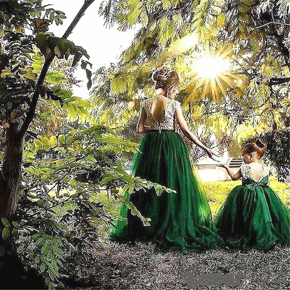 Emerald Flower Girl Dress with Gold Lace for Wedding Party