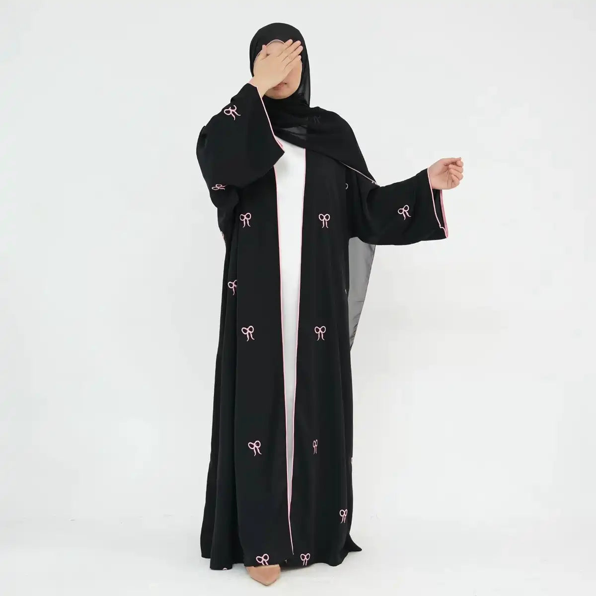 Elegant Bow Embroidery Nida Cardigan Open Abaya Dress #241910 - Perfect for Muslim Women, Prayer, Modest Fashion & Special Occasions