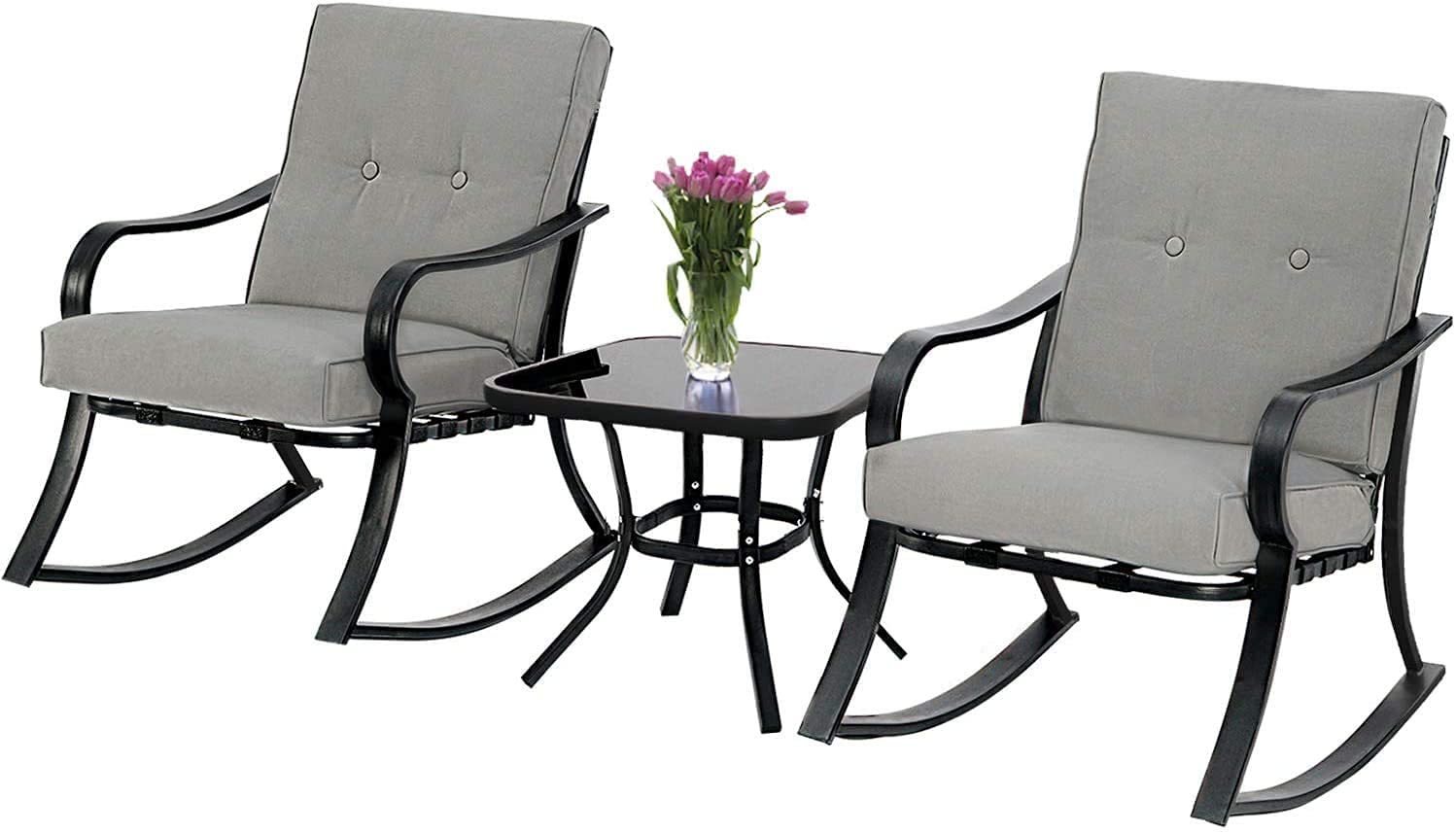 **Outdoor 3-Piece Rocking Chair Set - 2 Black Steel Rocking Chairs with Cushions & Glass Top Coffee Table - Grey Patio Bistro Furniture for Garden, Porch, or Backyard Relaxation**