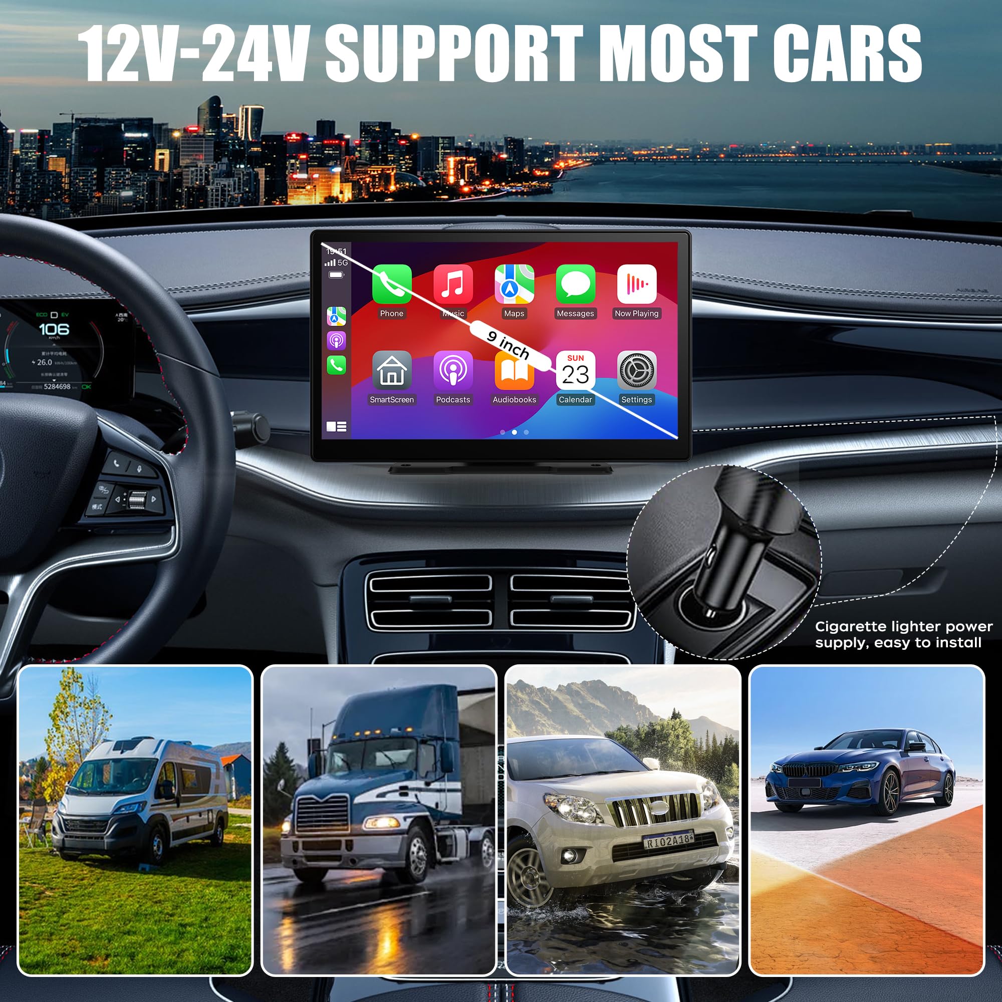9-Inch Wireless Apple CarPlay & Android Auto Car Stereo - 4K Dash Cam with 1080P Backup Camera - Touchscreen GPS Navigation - Bluetooth & Voice Control - Universal Car Screen for All Vehicles - Perfect for Road Trips & Daily Commuting