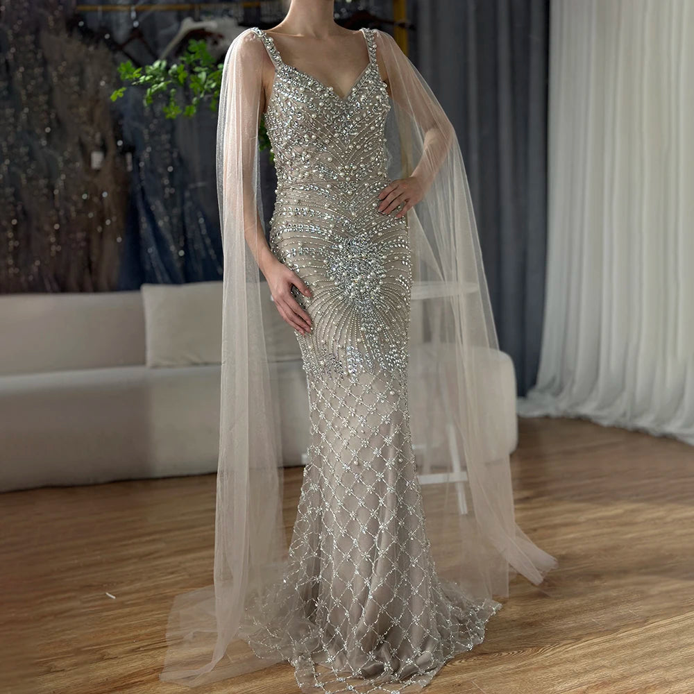 Luxury Dubai Arabic Mermaid Cape Sleeve Beaded Evening Gown - Elegant Saudi Formal Dress for Weddings, Galas & Special Occasions | LA72748