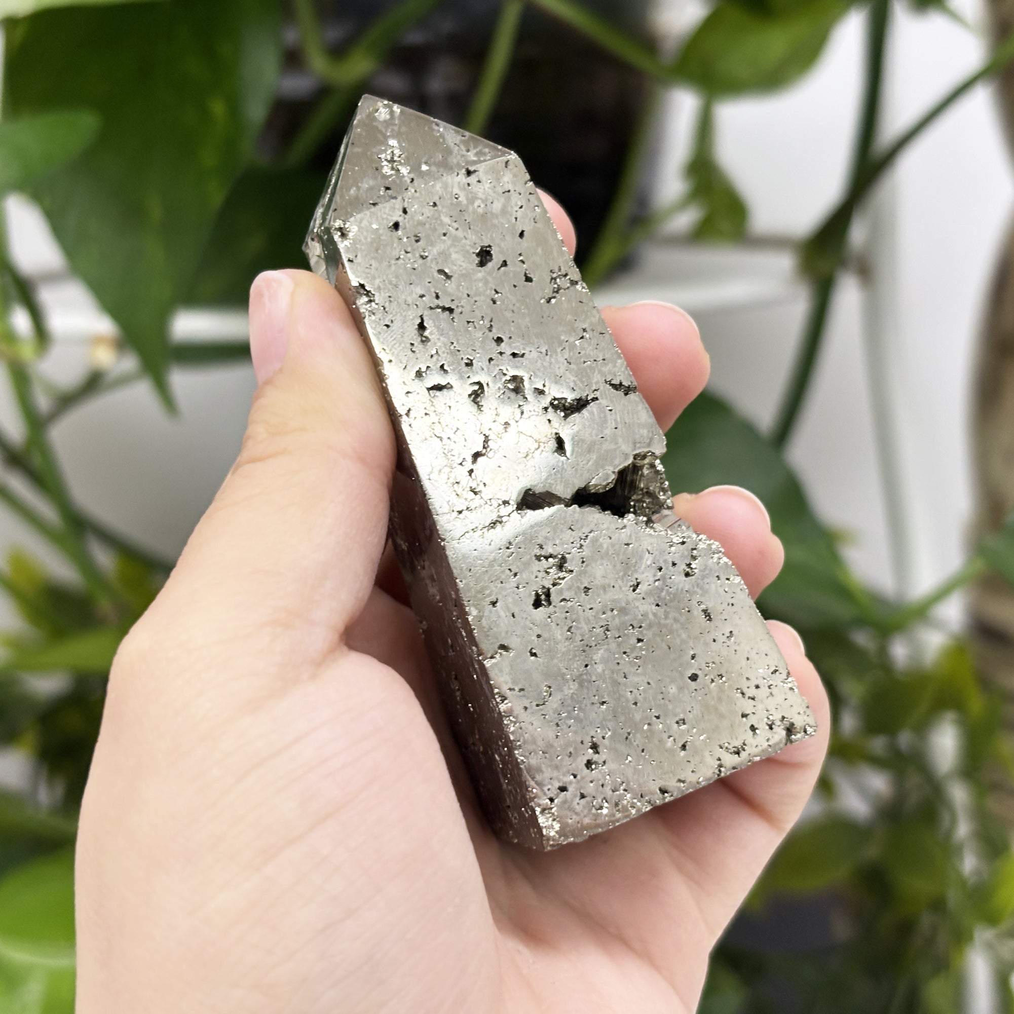 Natural Pyrite Crystal Obelisk Tower Point - Polished Golden Stone for Energy Healing, Protection & Home Decor | Feng Shui, Meditation & Spiritual Display (RPO458)